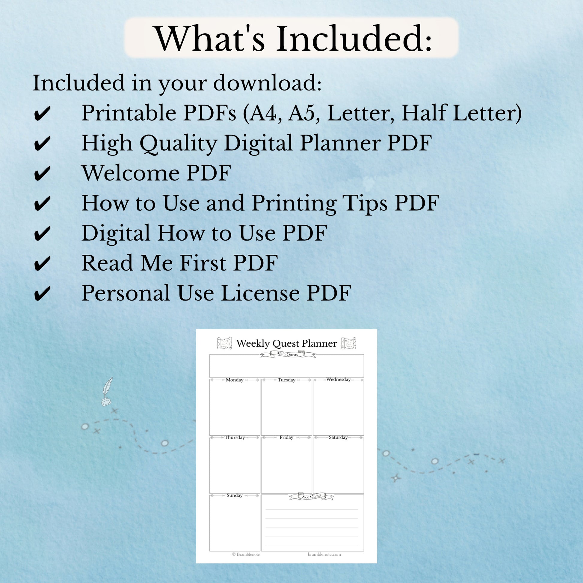 List of included items for a fantasy digital and printable weekly planner bundle download on a blue background with a sample planner page.