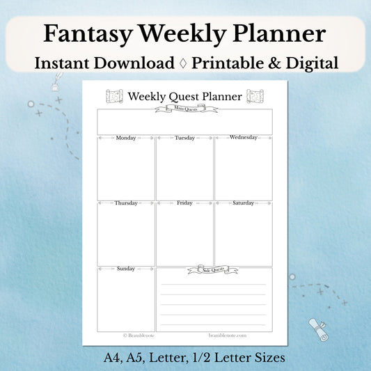 Fantasy Weekly Planner Digital and Printable bundle with weekly quest layout on a light blue background