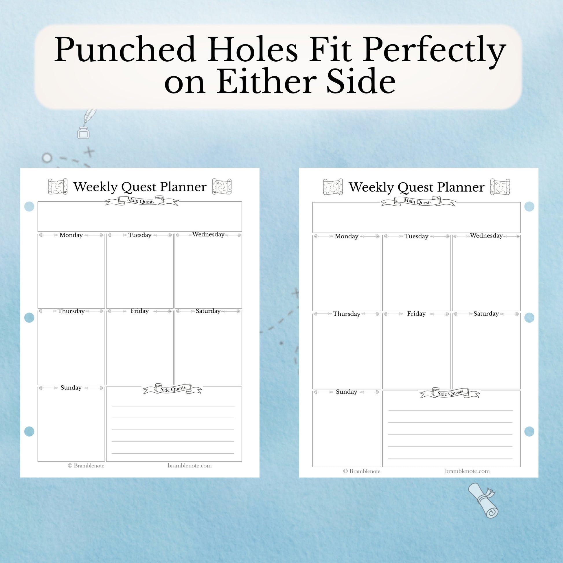 Two Weekly Quest Planner pages showing the margins designed for the punched holes to not affect the design