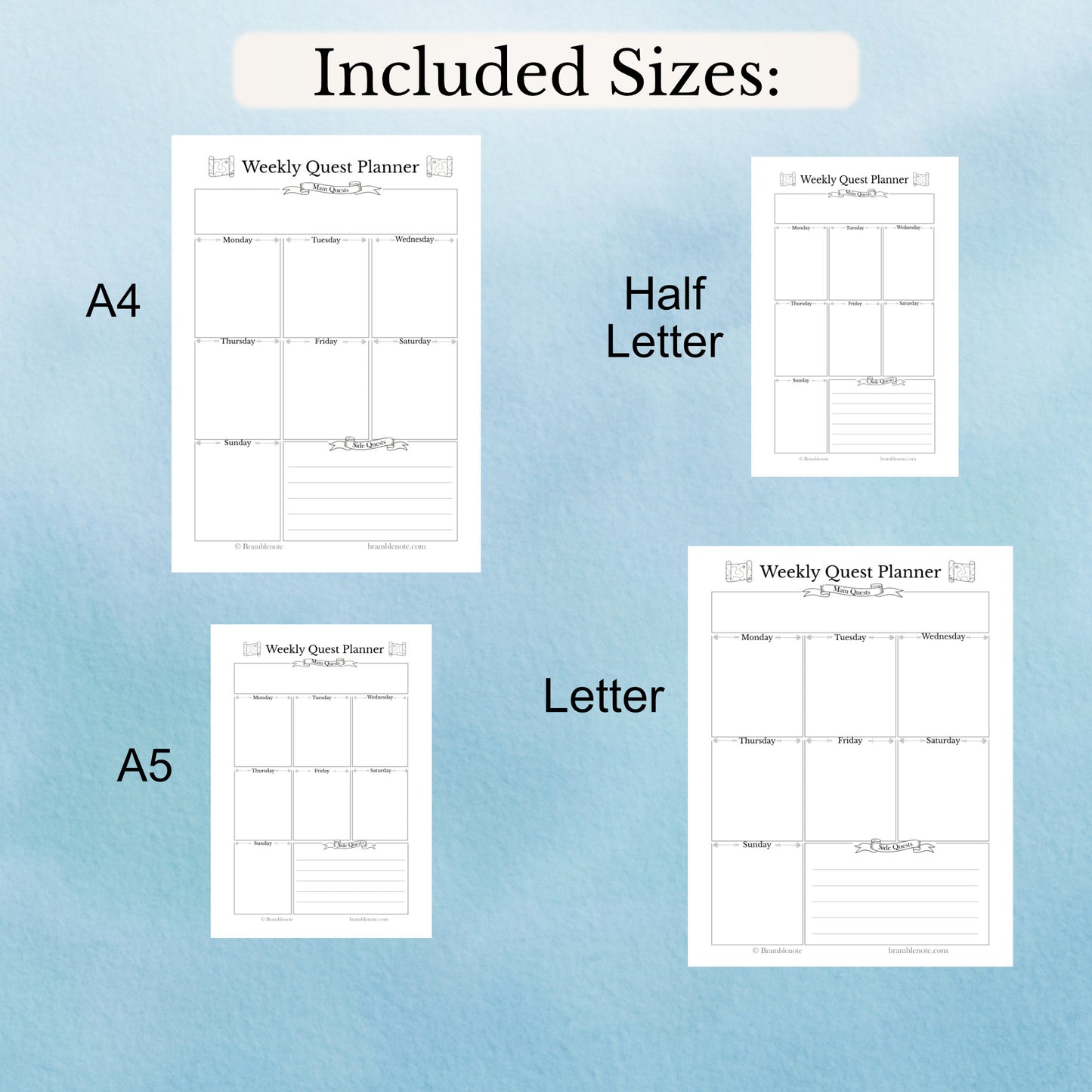Print sizes of the Weekly quest planner