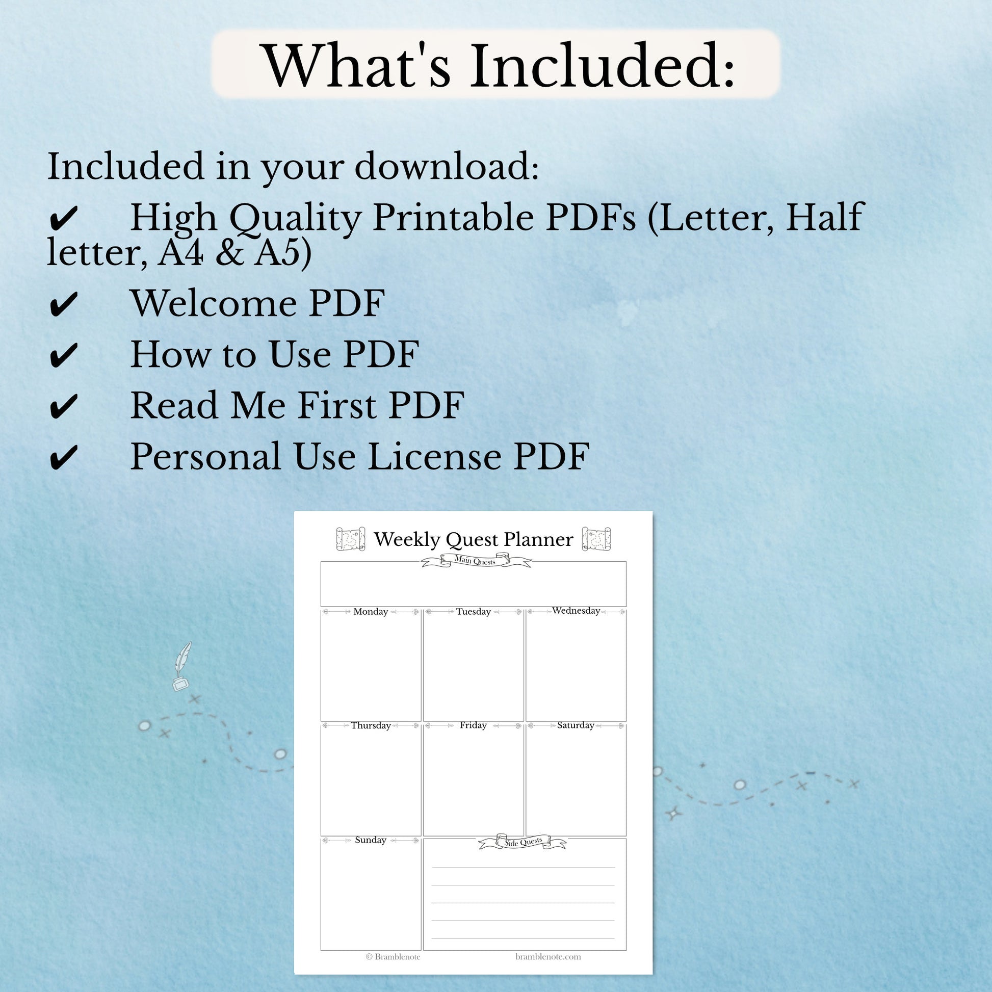 What's included inside the download for the printable fantasy weekly planner pdf - the Weekly Quest Planner