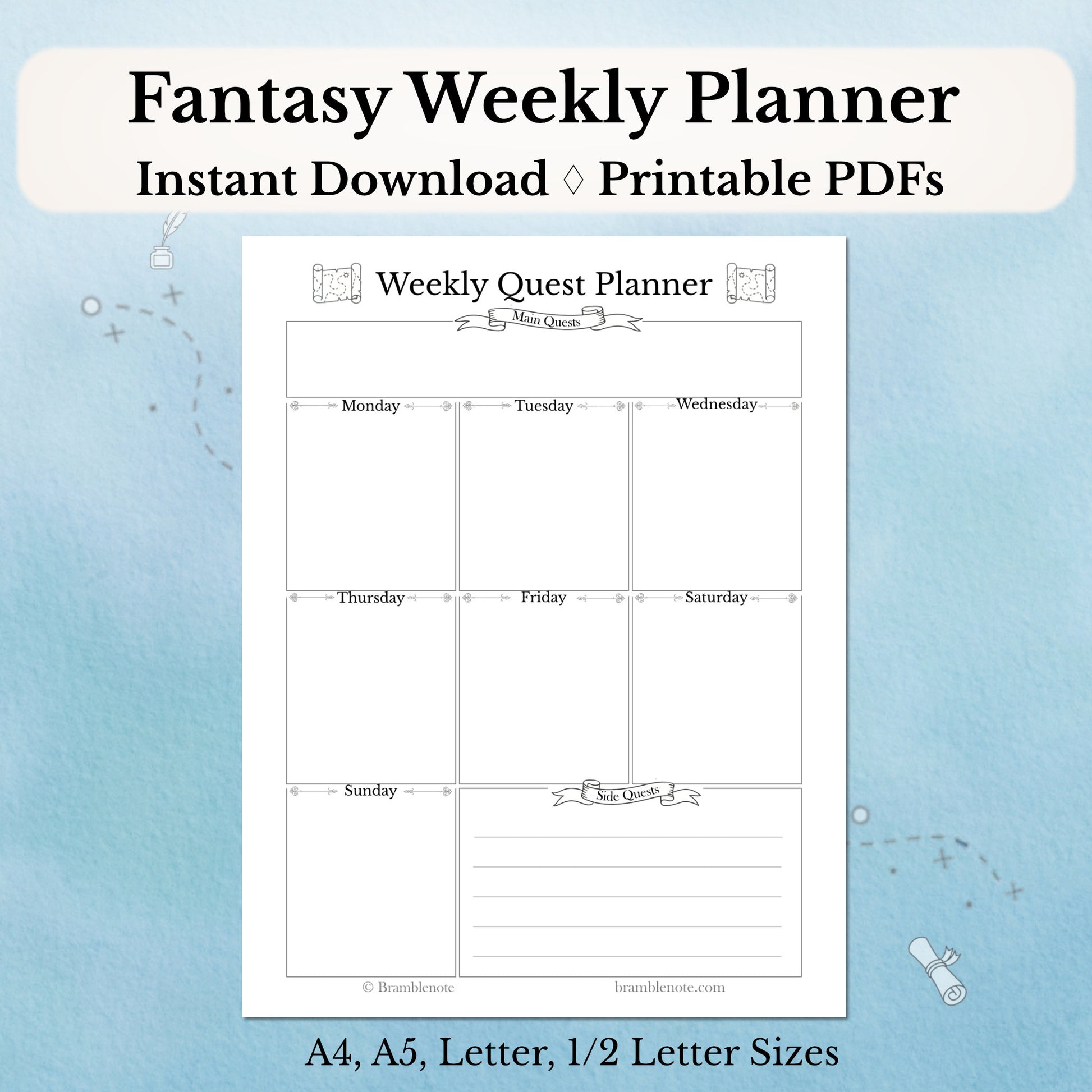 Fantasy Printable Weekly Planner PDF on a light blue background