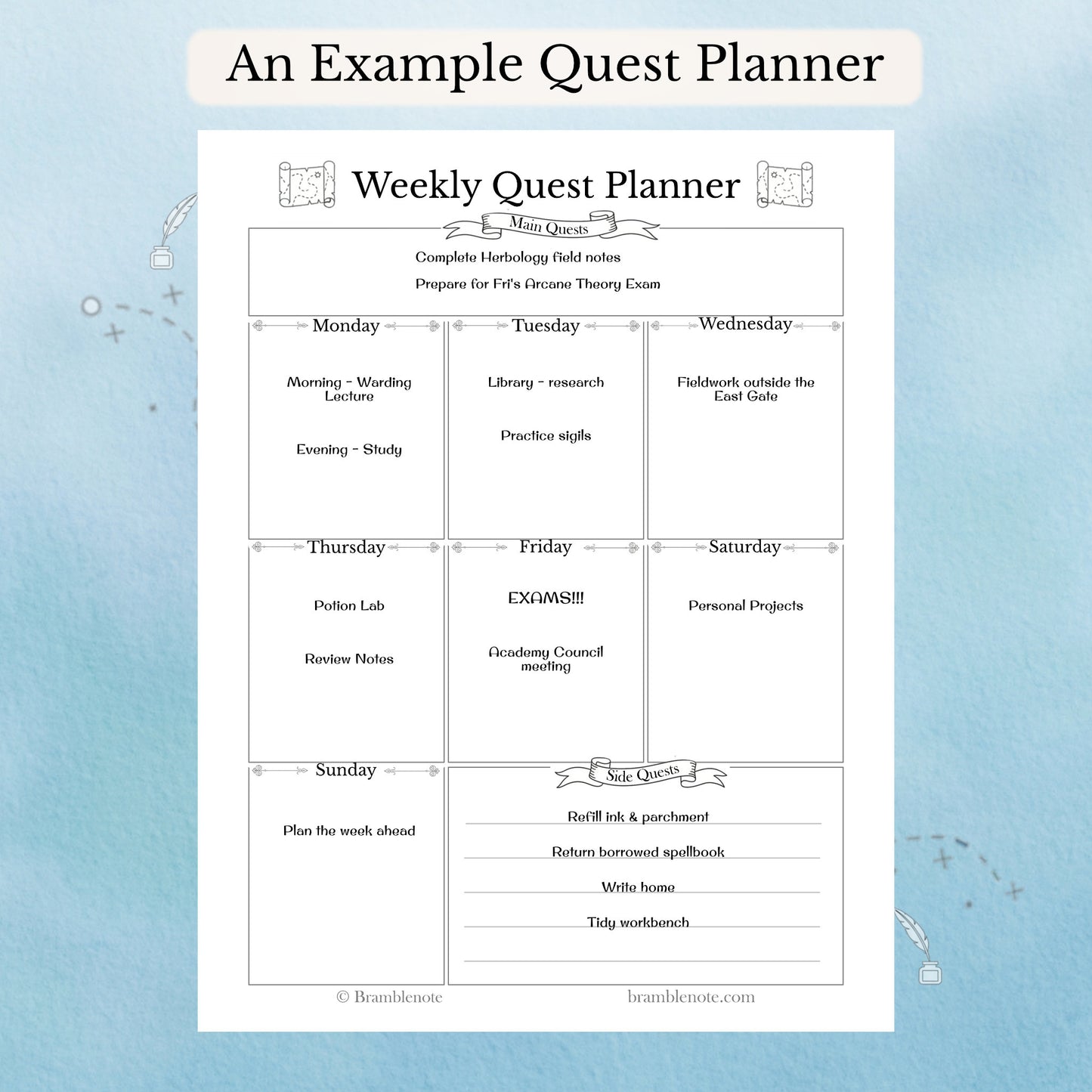 An example weekly quest planner on a light blue background