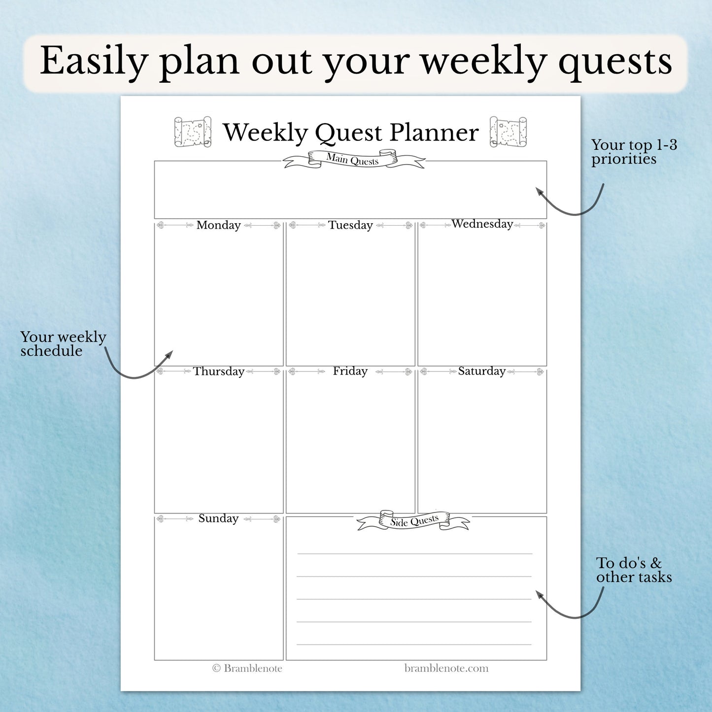 Weekly quest planner with explanations for what each section is for on a blue background