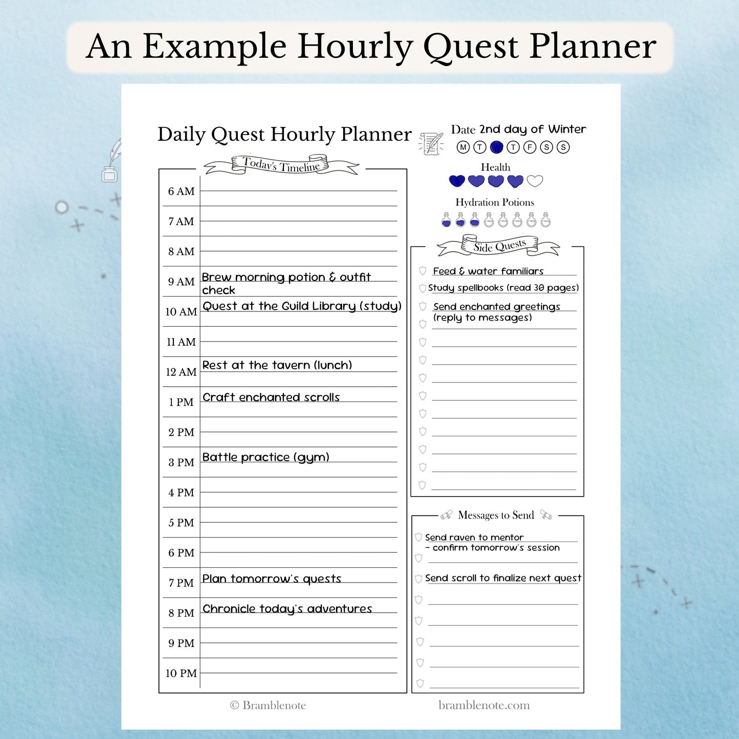 An example of a fantasy daily time-blocking planner using the Daily Quest Hourly Planner page