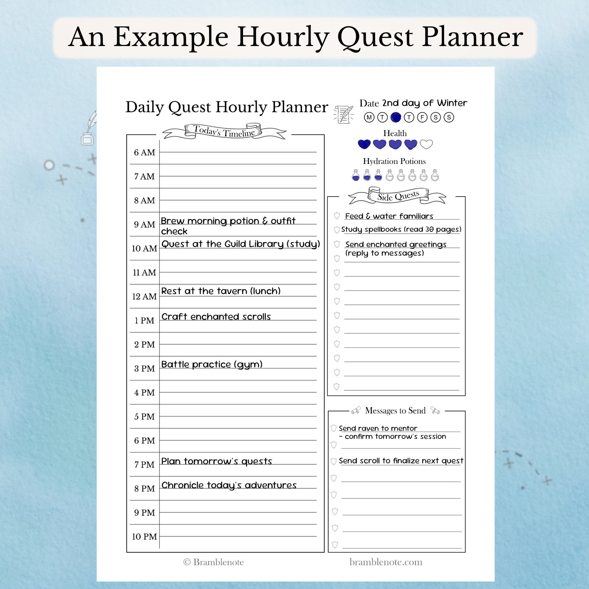 An example of a fantasy daily time-blocking planner using the Daily Quest Hourly Planner page