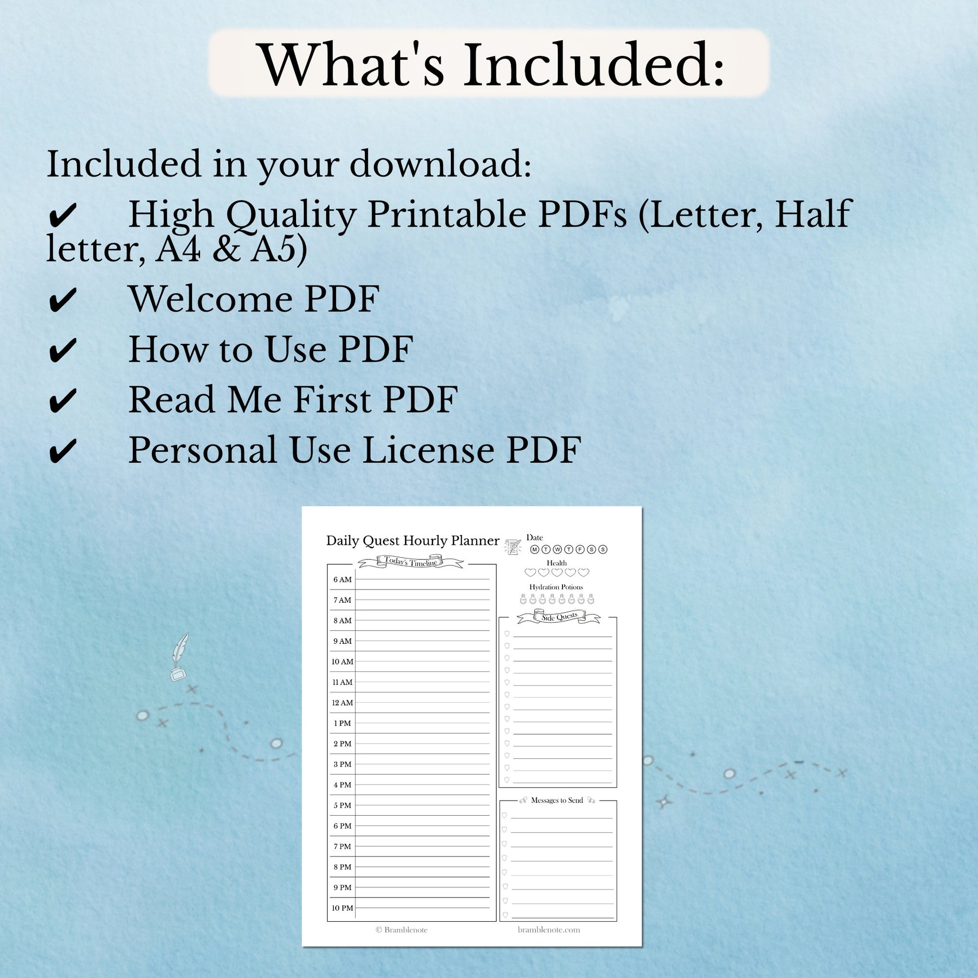 A list of what's included in the Daily Quest Hourly Planner page.