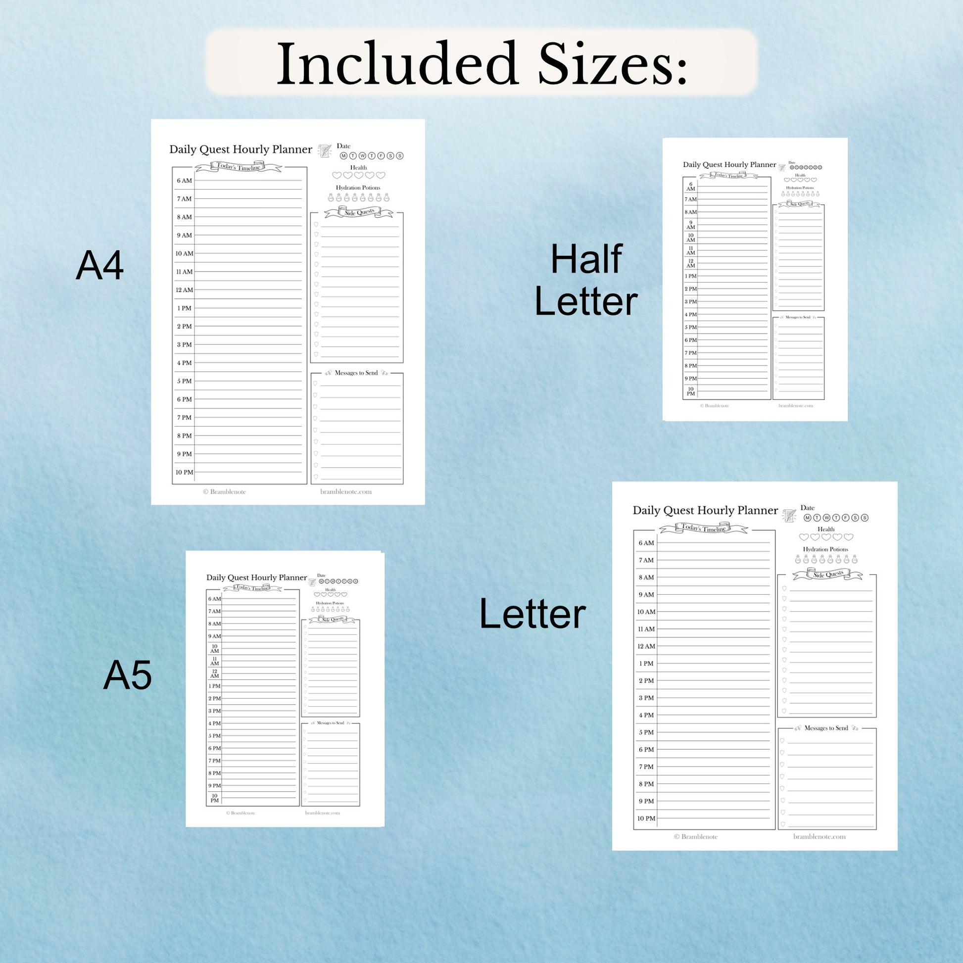 The different print sizes included in the undated Daily Quest Hourly planner page