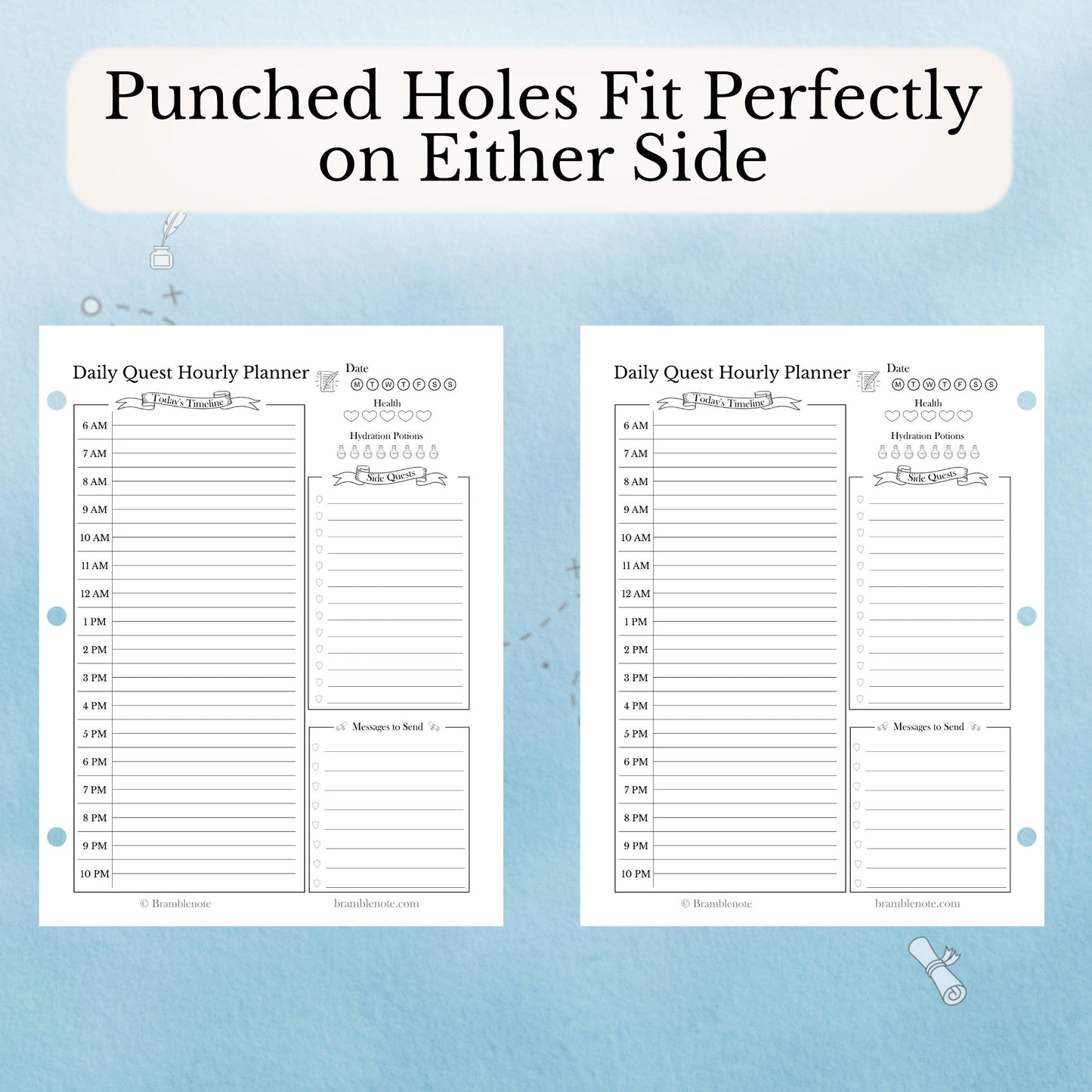 Two Daily Quest Hourly Planners with punched holes showing how perfectly the fit on either side of the page on a blue background