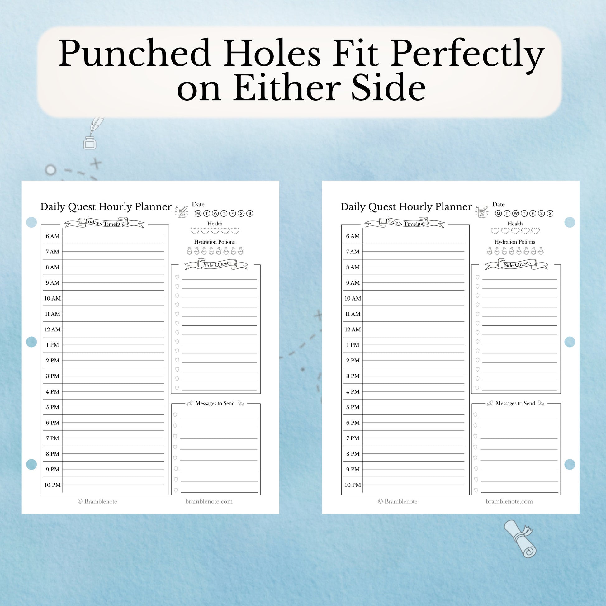 Two Daily Quest Hourly Planners with punched holes showing how perfectly the fit on either side of the page on a blue background