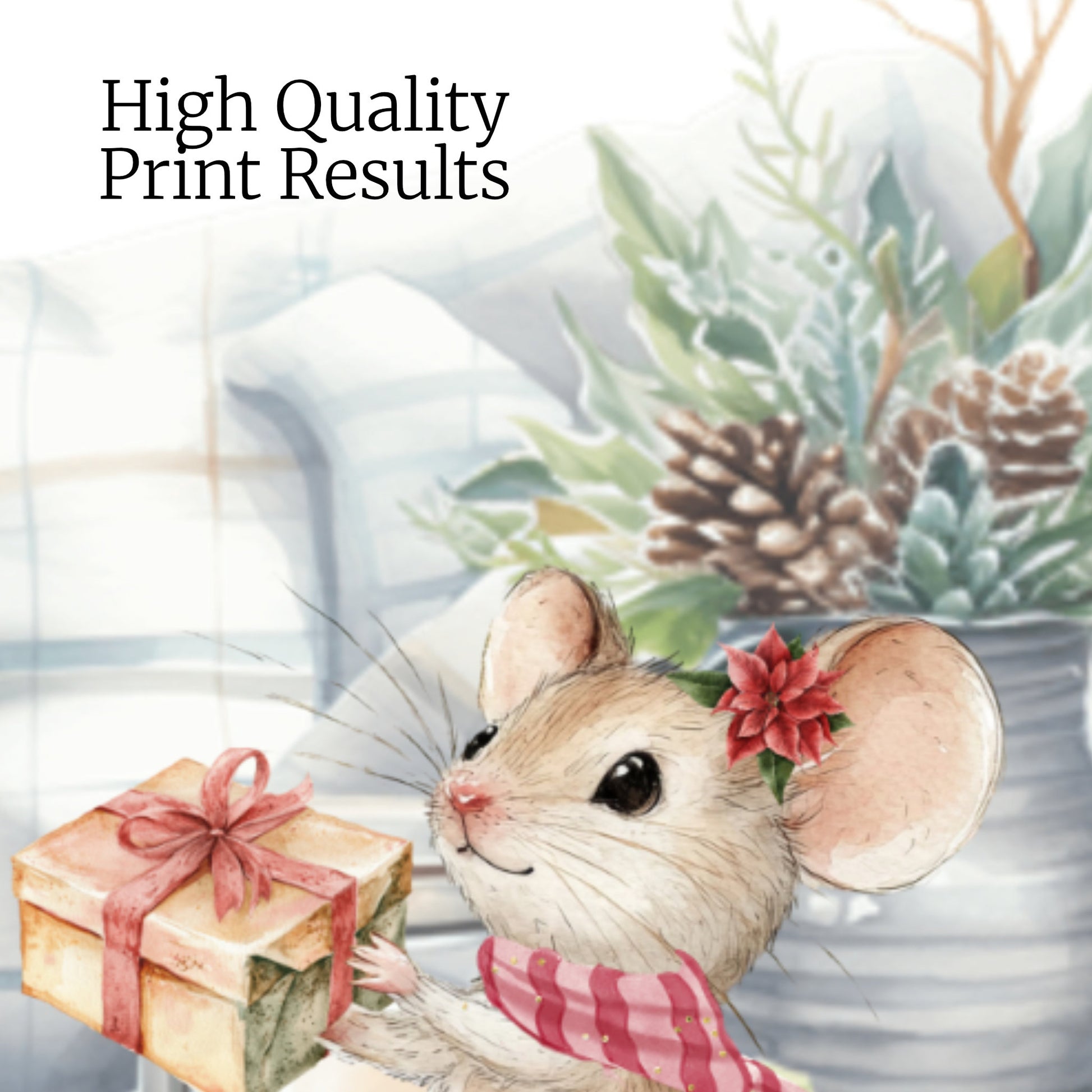 Illustration of a mouse holding a gift with decorative elements on a light background to demonstrate the high quality print results of the winter holiday gift tags.