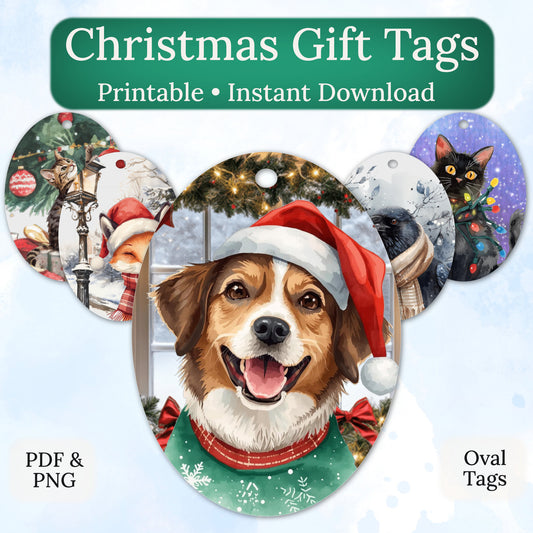 Printable Christmas gift tags featuring winter holiday themed animal designs