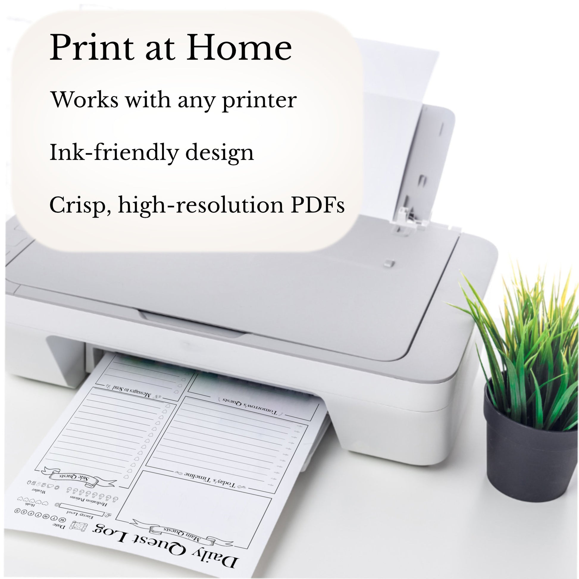 White printer on a white surface with text about printing the daily quest log printable fantasy daily planner at home.