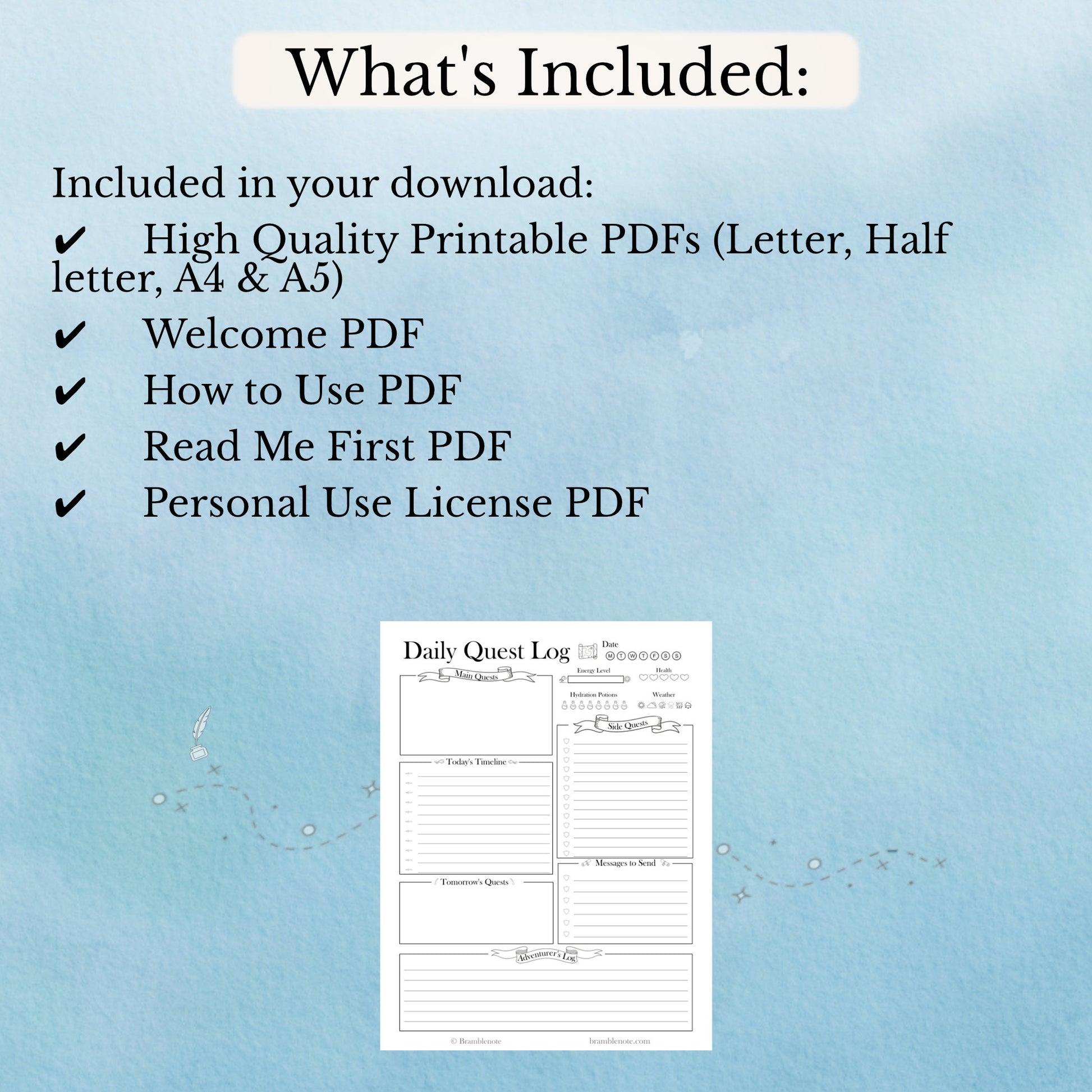 List of included items for a printable fantasy daily planner download with a sample PDF on a blue background