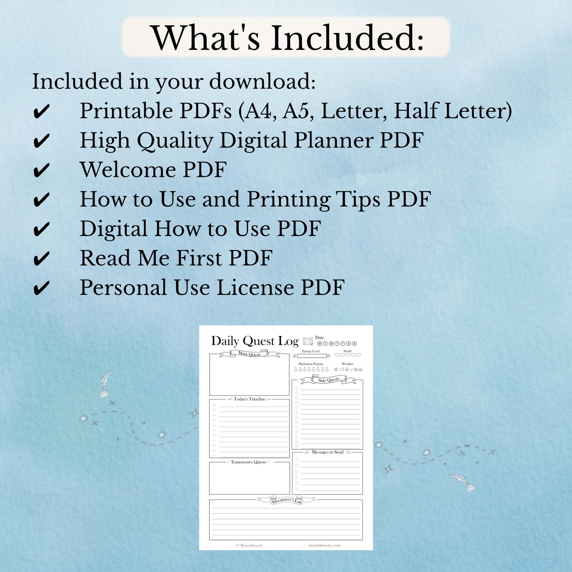 List of included files for a printable and digital planner download on a blue background with a sample planner page.