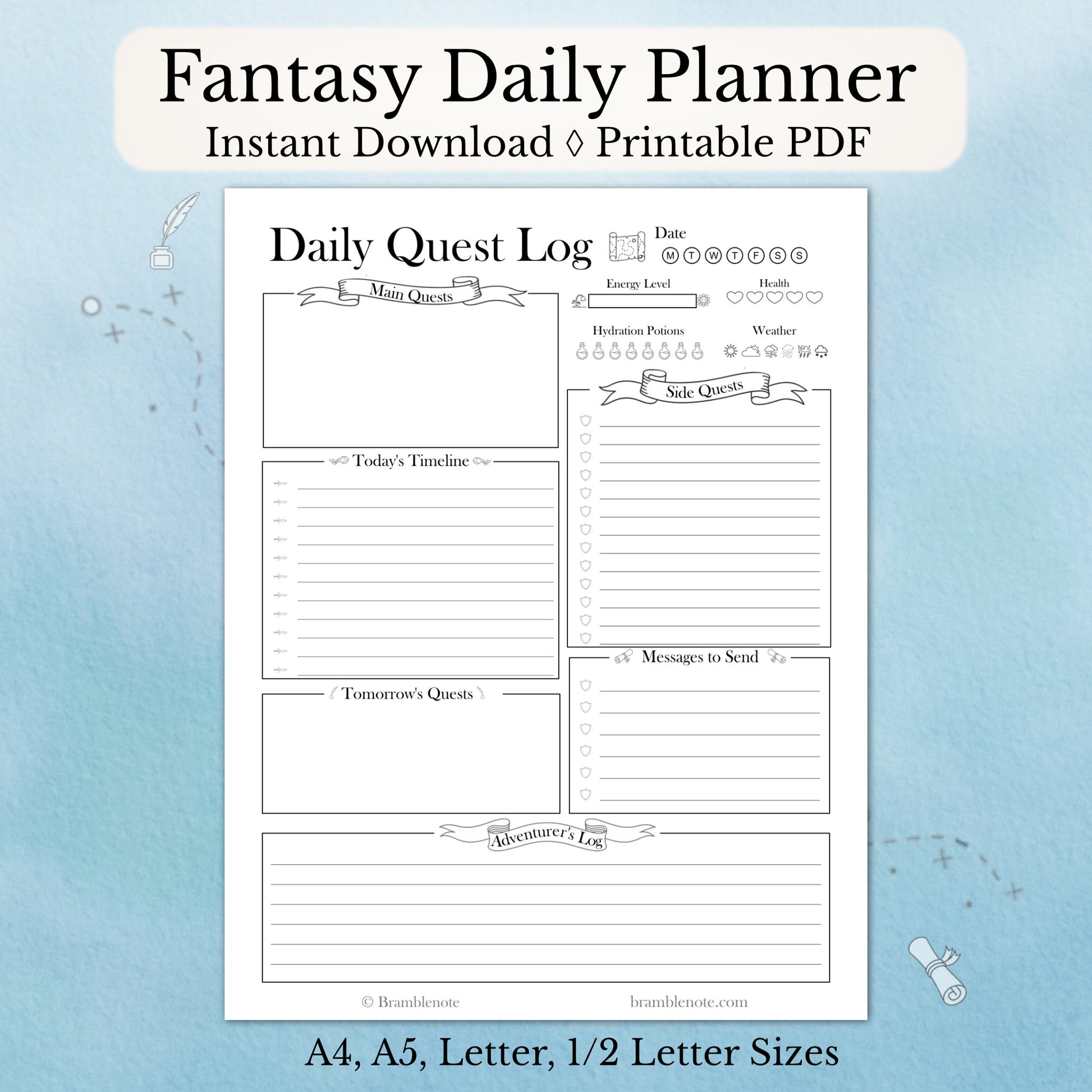Fantasy Daily Planner with daily quest log on a light blue background