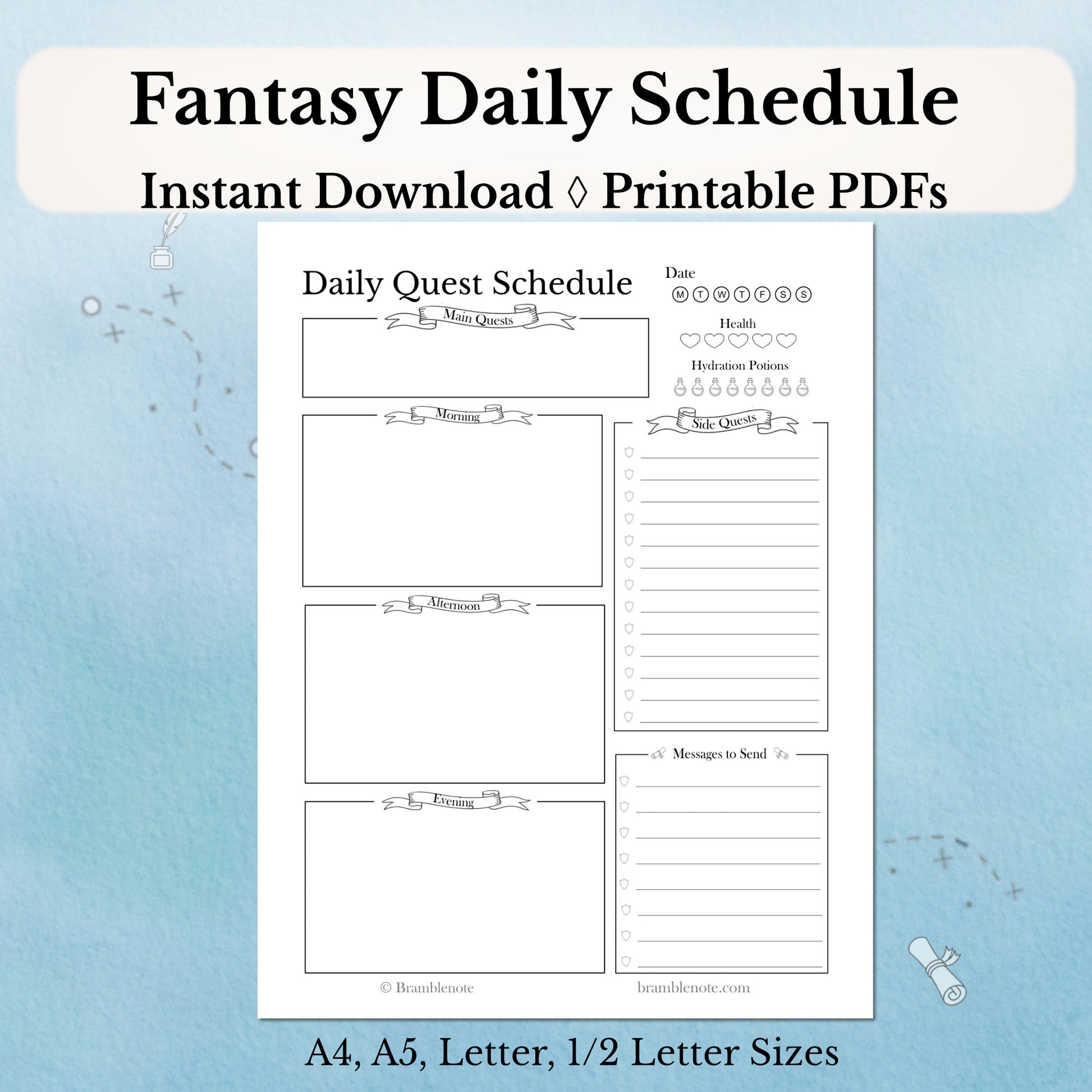 Fantasy Daily Schedule printable PDF on a light blue background