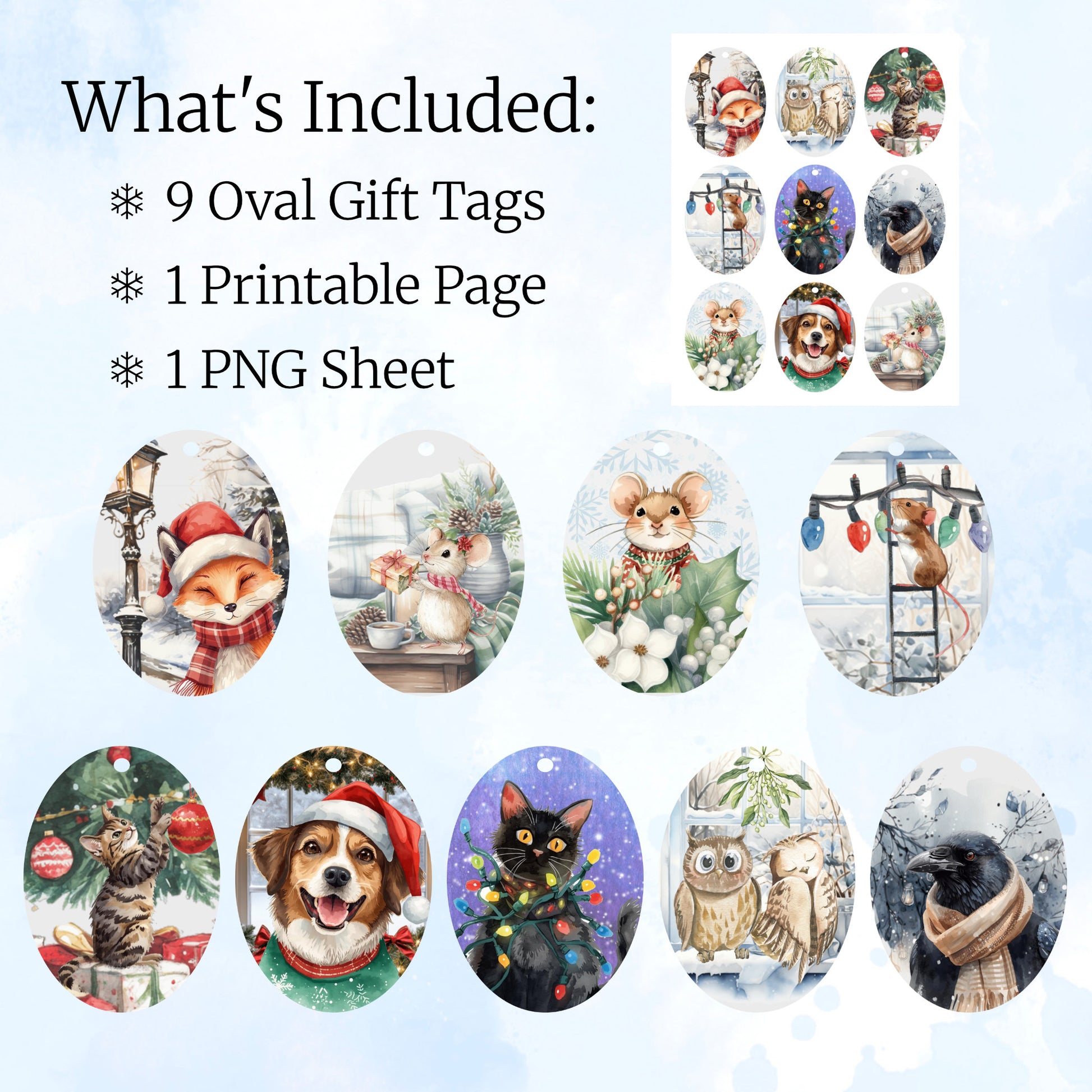 Collection of Christmas-themed oval gift tags with animals on a light blue background.