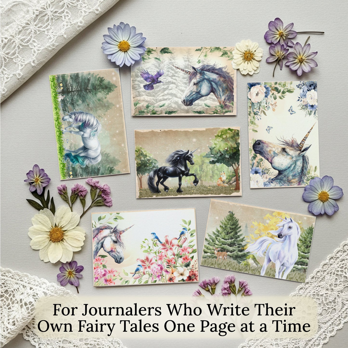 Unicorn-themed junk journaling cards on a decorative surface with flowers and text.