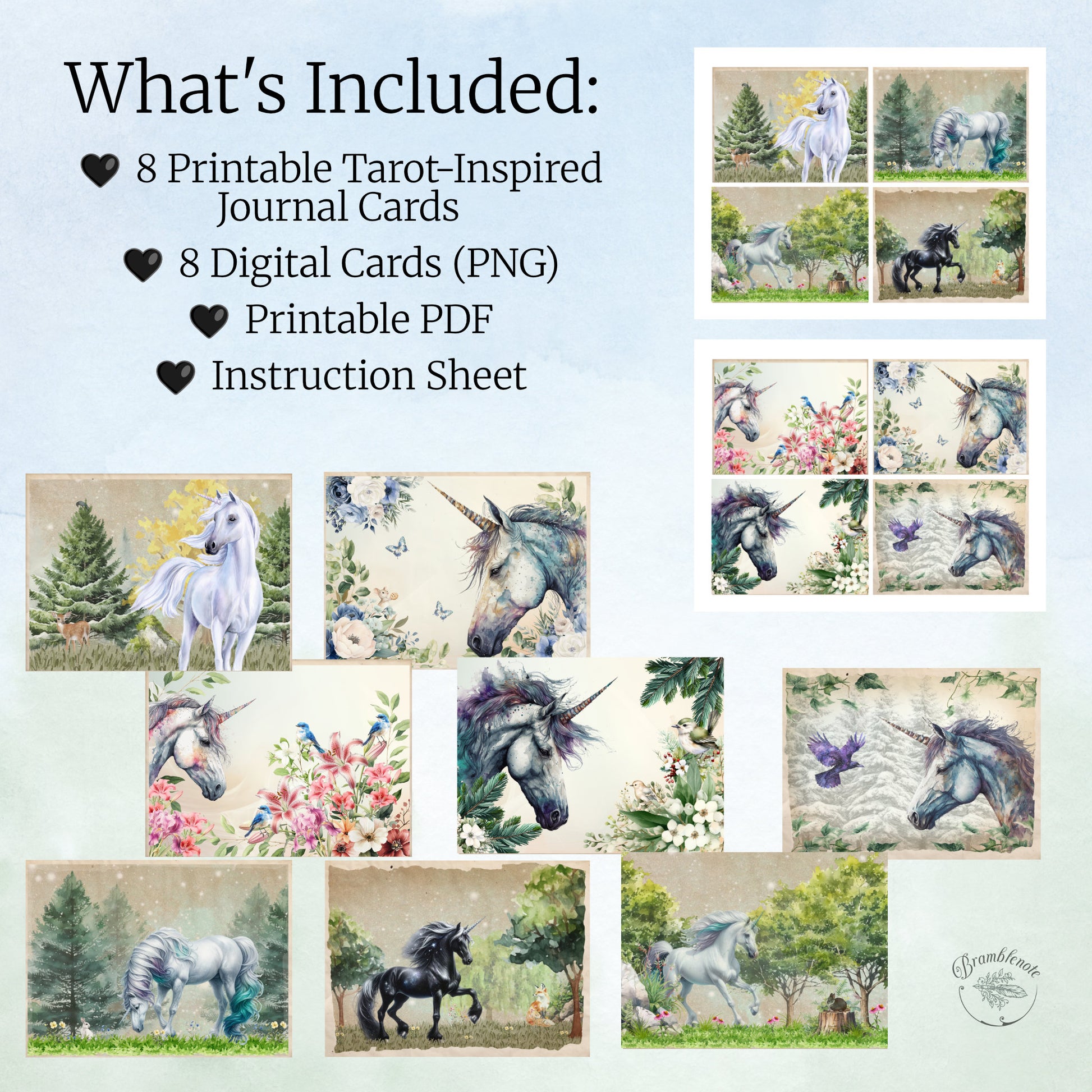 Collection of cozy fantasy journal cards with unicorns and nature scenes on a light blue background.