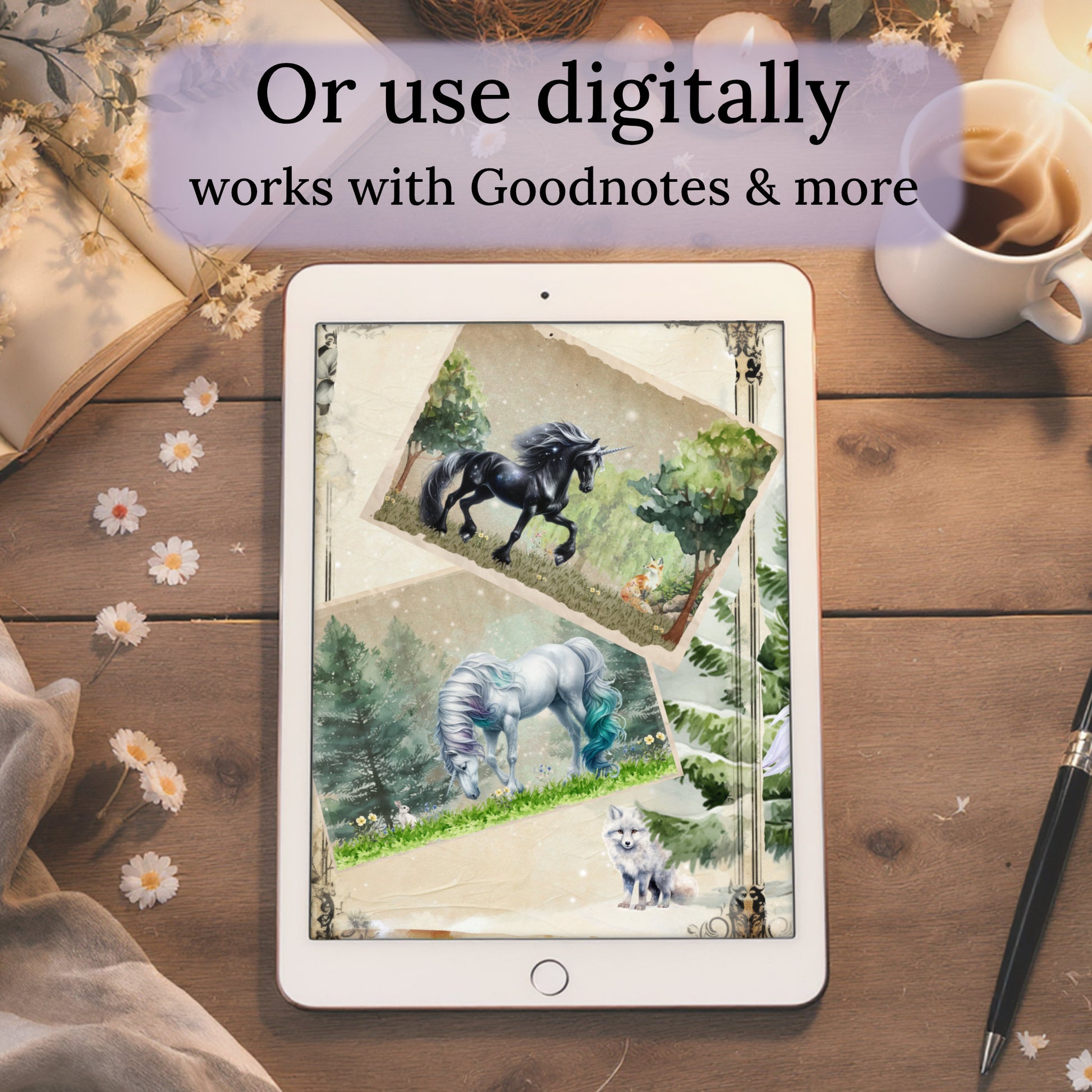 Tablet displaying cozy fantasy unicorn digital journaling ephemera on a wooden surface with a cup of coffee and pen.