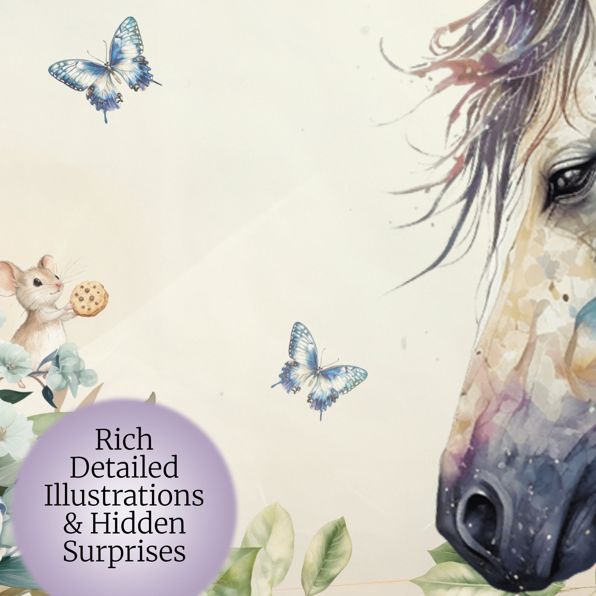 Close of Illustration of one of the cozy fantasy unicorn-themed scrapbooking cards featuring a unicorn, mouse, and butterflies with text 'Rich Detailed Illustrations & Hidden Surprises'.