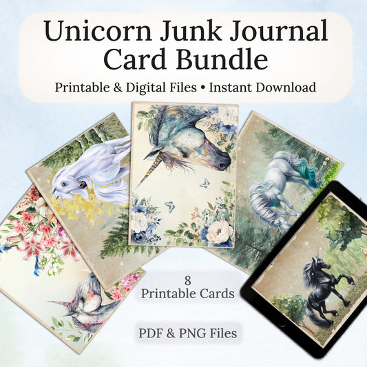 Unicorn Junk Journal Card Bundle with digital download options on a light blue background