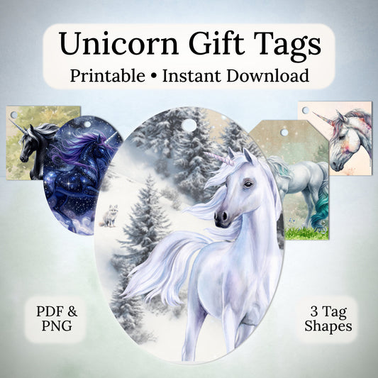 Unicorn gift tags with a white unicorn in a forest setting on a light gray background.