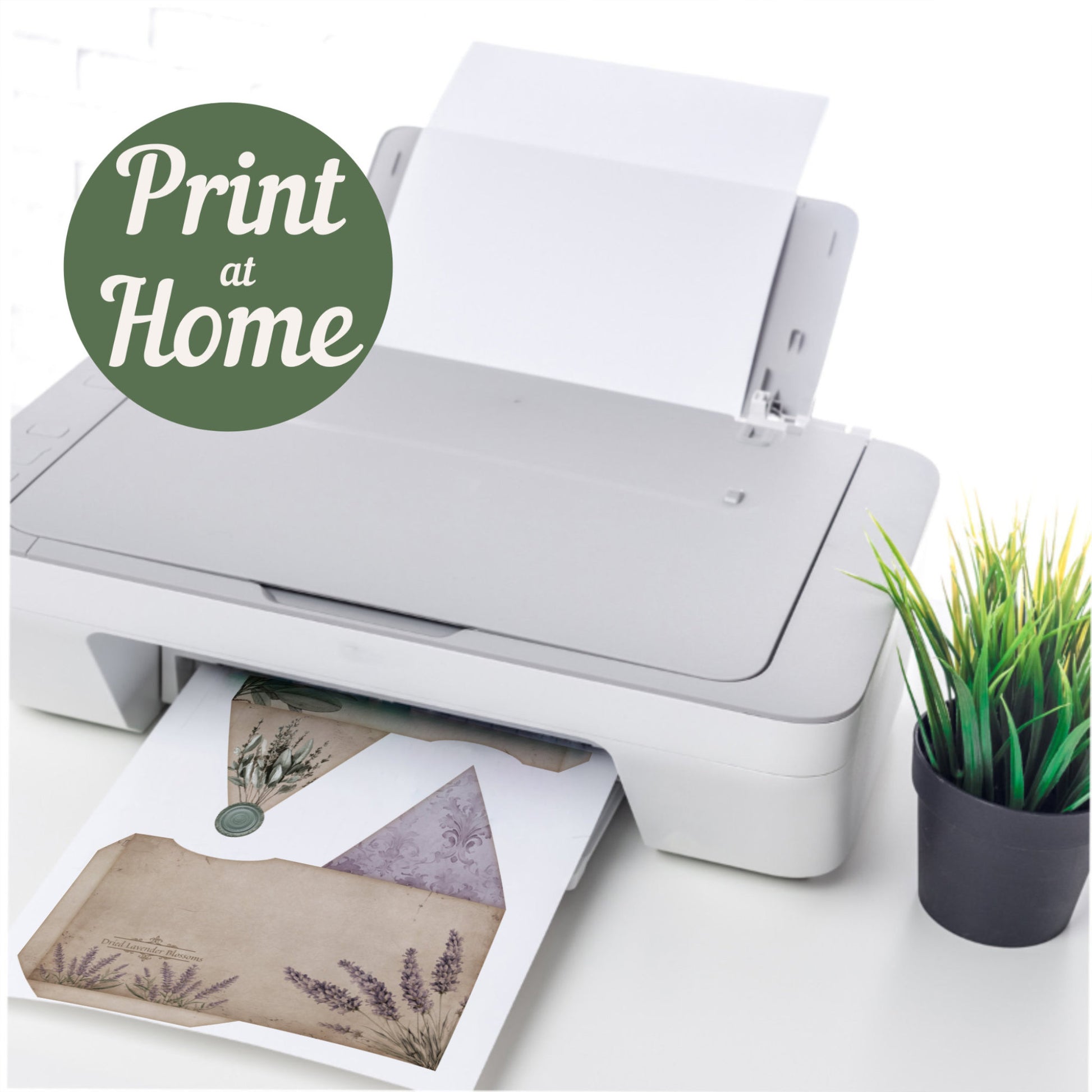 White printer on a white surface with printed materials and a plant, featuring 'Print at Home' text.