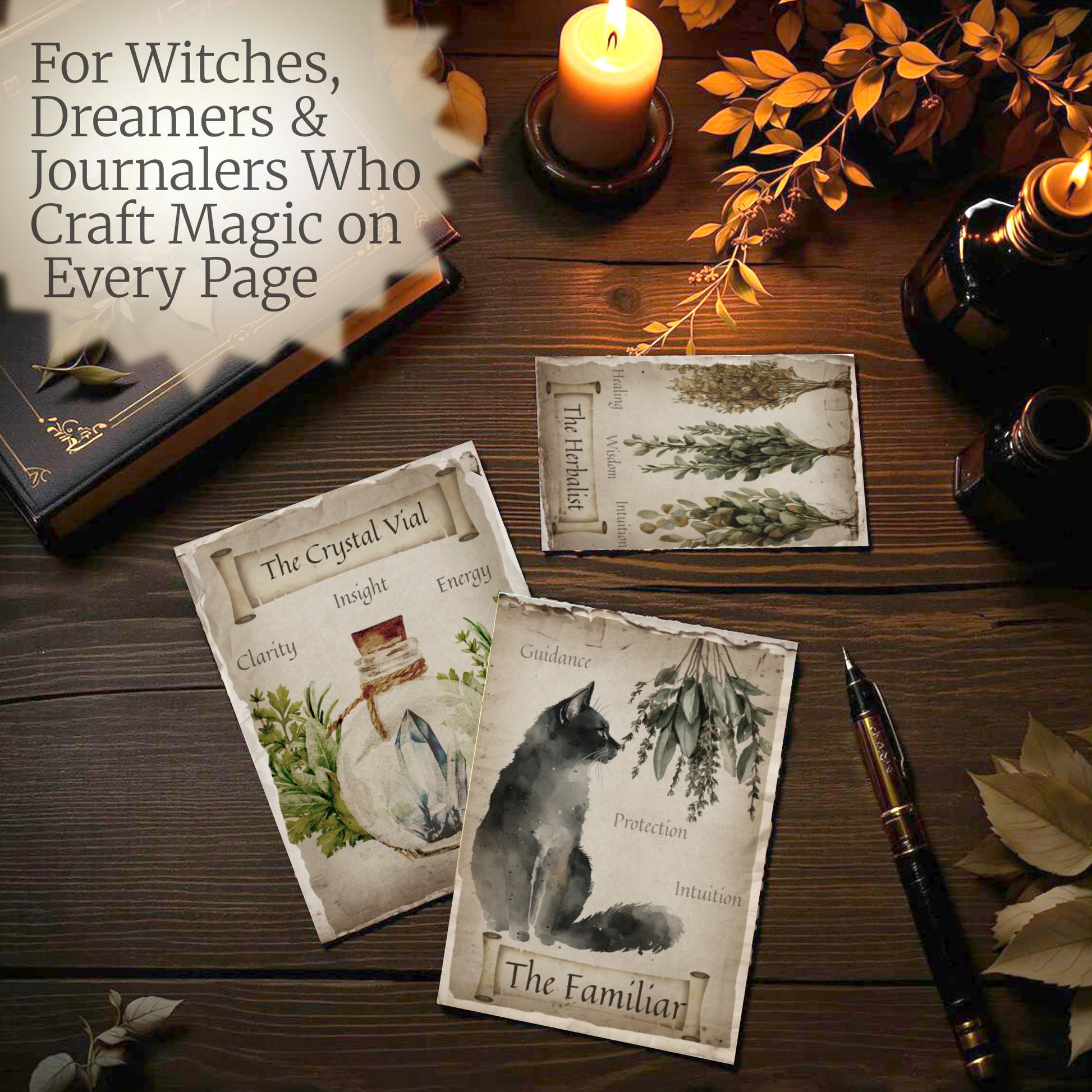Cozy witch desk scene with tarot journal cards, candlelight, vintage botanicals and junk journal supplies