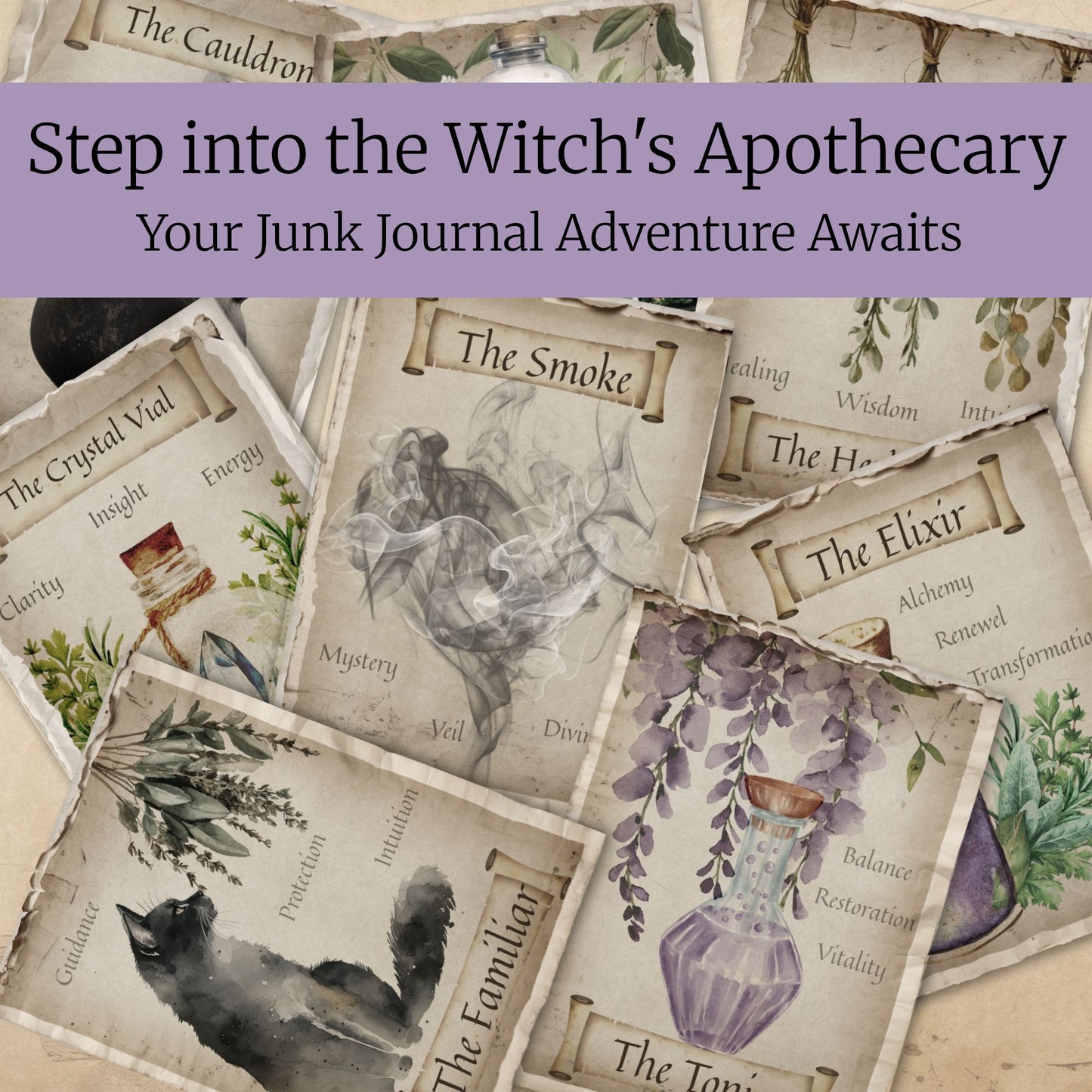 Collection of cards with witch-themed designs and text, featuring a purple banner at the top.
