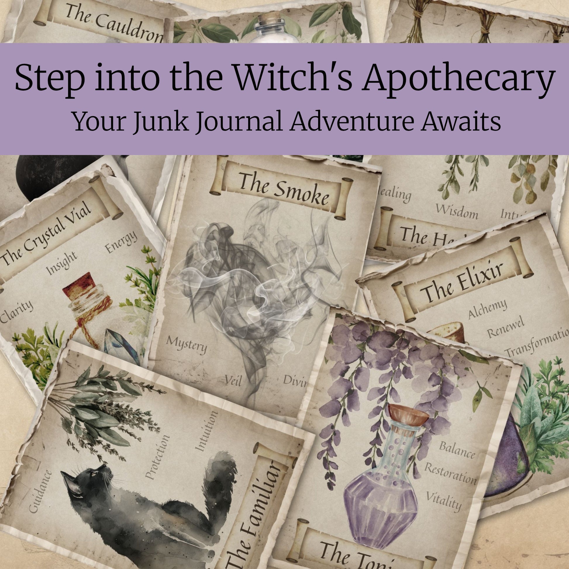 Collection of cards with witch-themed designs and text, featuring a purple banner at the top.