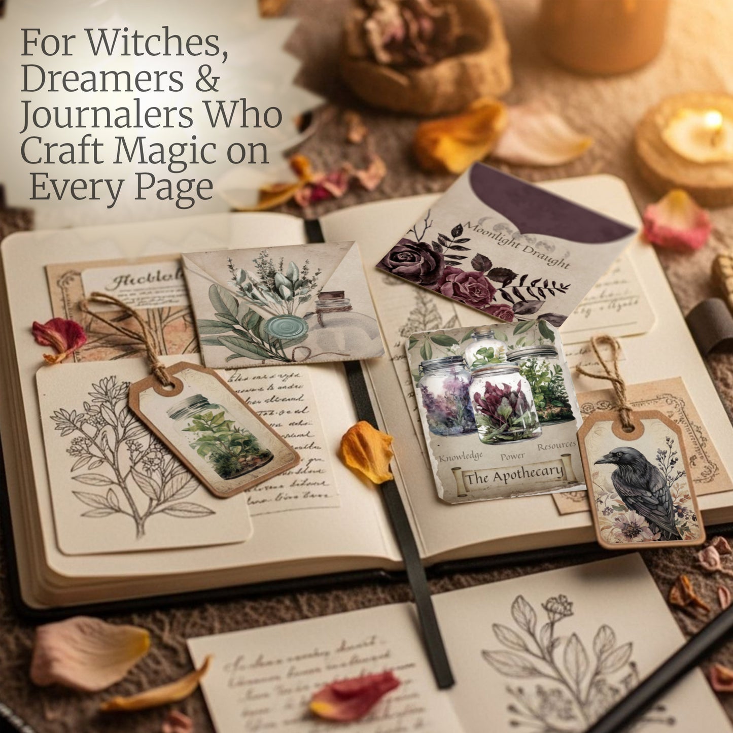 Witchy apothecary-themed desk scene with potion labels, mini envelopes, candles, and vintage junk journal spread