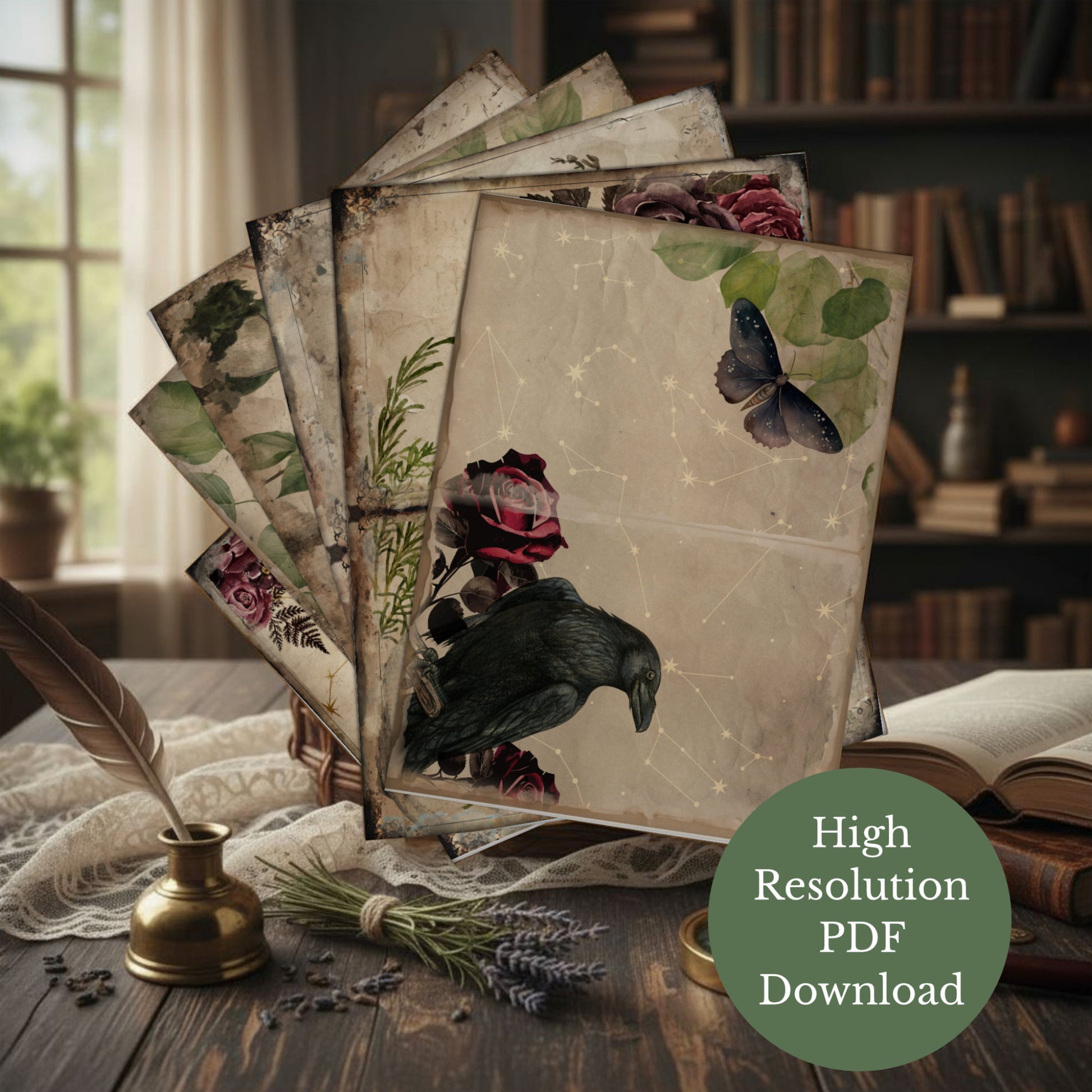 Dark Academia printable journal pages on a wooden table with books and a feather pen.