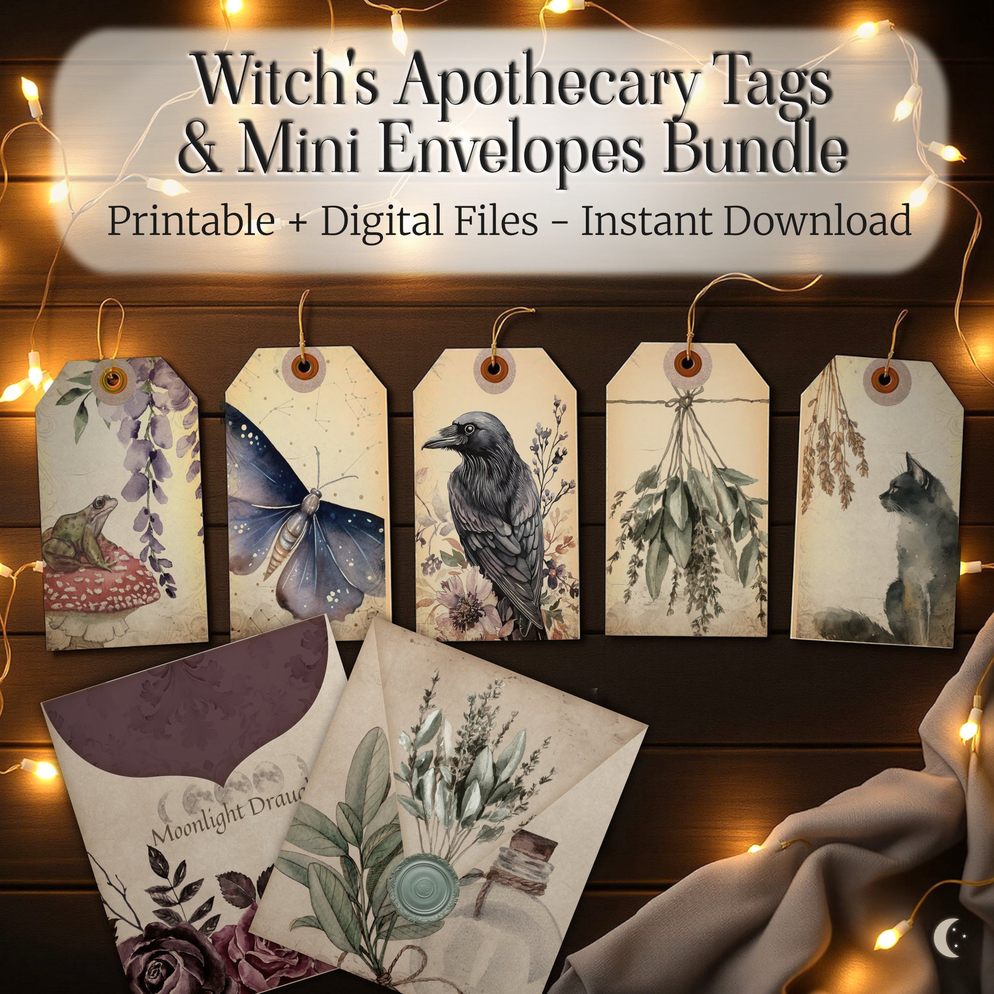 Witch’s Apothecary printable tags and mini envelopes – dark academia junk journal ephemera kit with digital PNG and printable PDF files