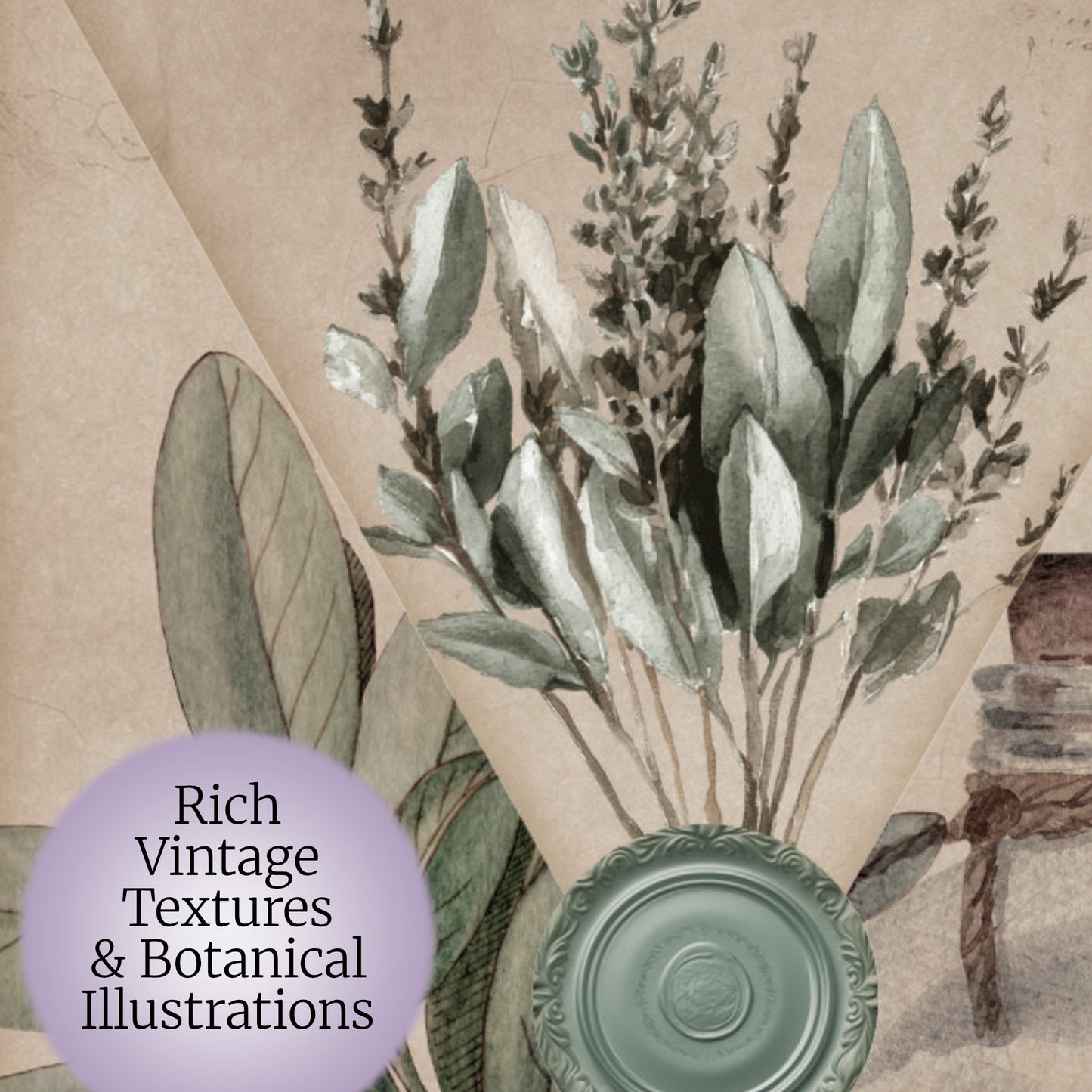 Close-up of printable apothecary mini-envelope featuring potion bottle, and vintage botanical design