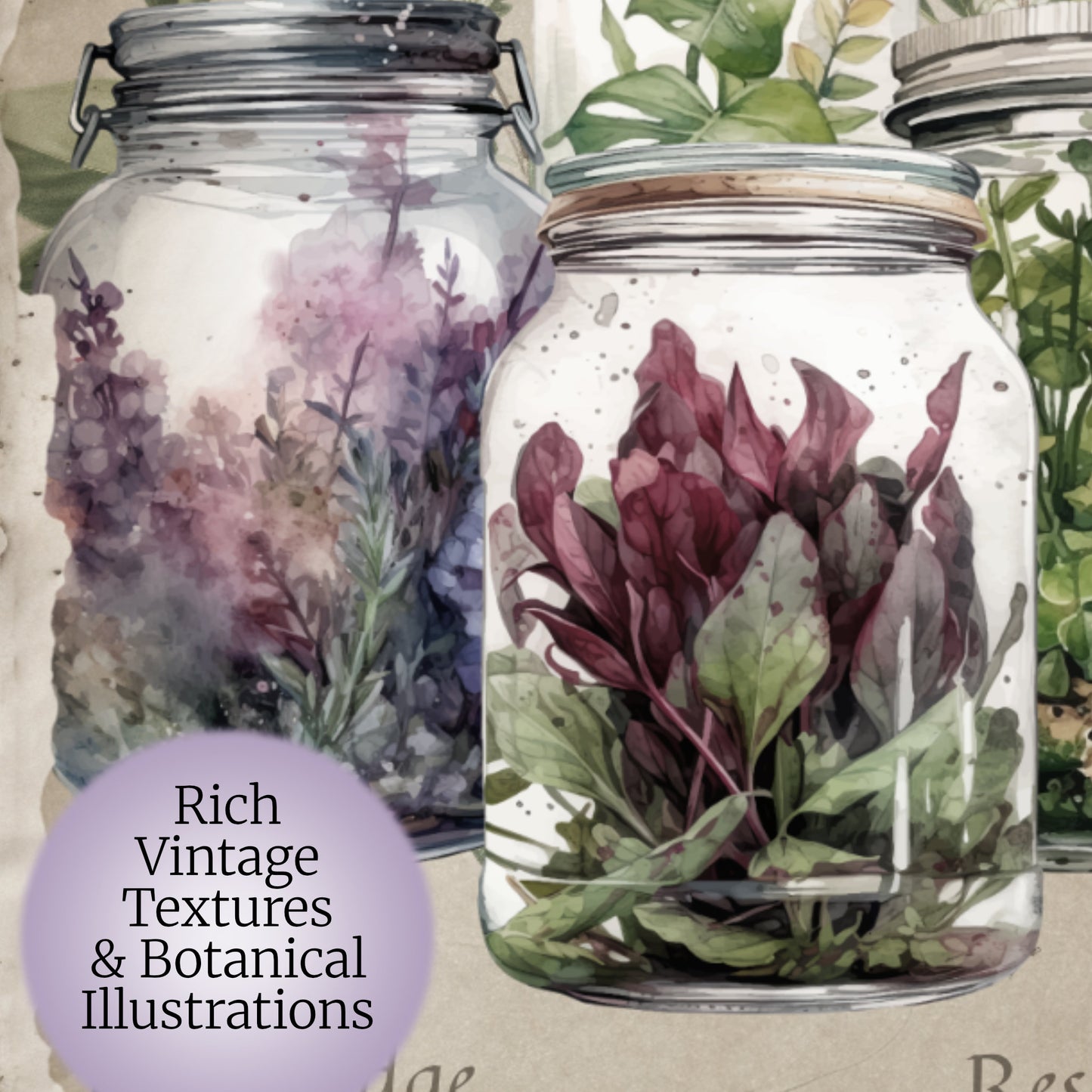 Close-up of one journal card featuring bottle illustration, botanical elements and vintage texture