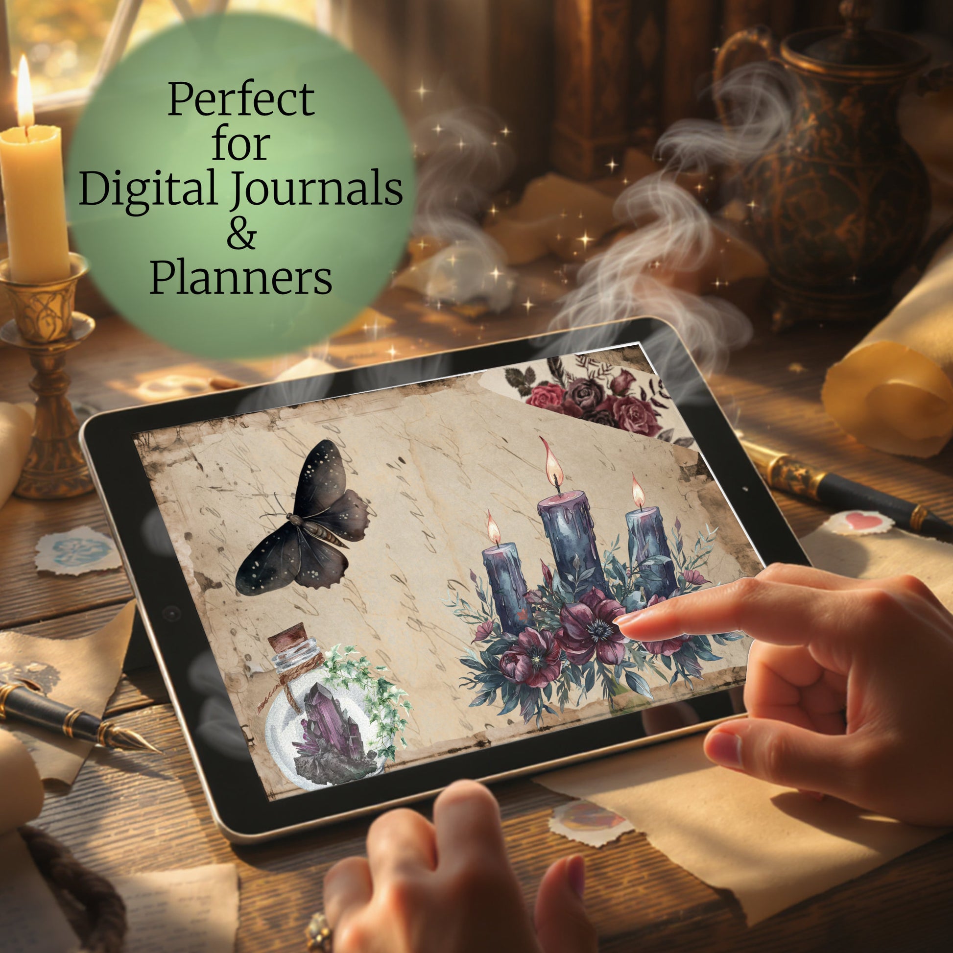 Witch’s Apothecary digital stickers arranged in a cozy witchcore digital journal scene on tablet