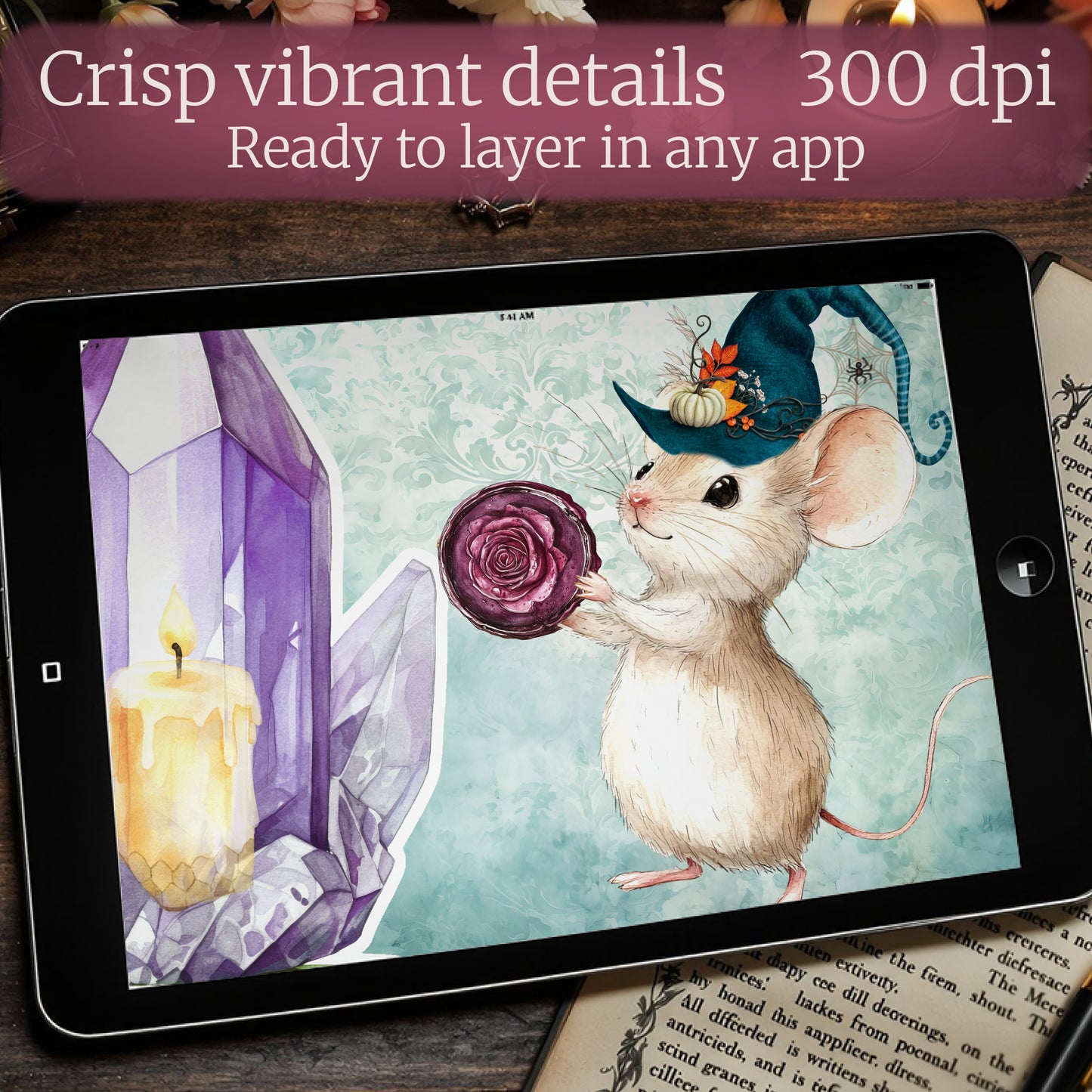 Close-up of Bramblenote Witch’s Apothecary PNG stickers showing fine detail