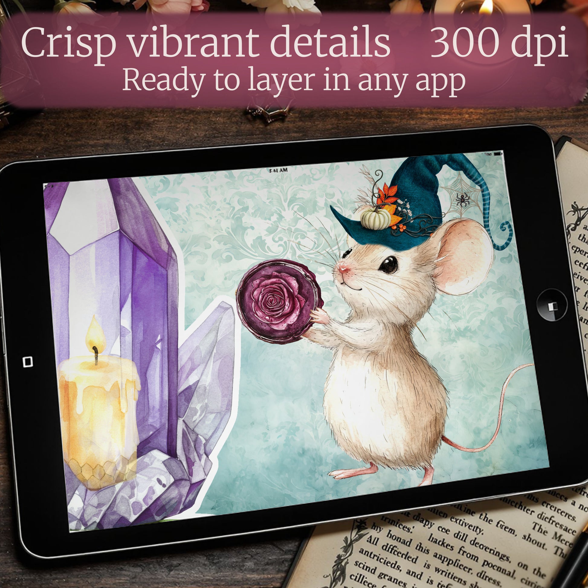 Close-up of Bramblenote Witch’s Apothecary PNG stickers showing fine detail