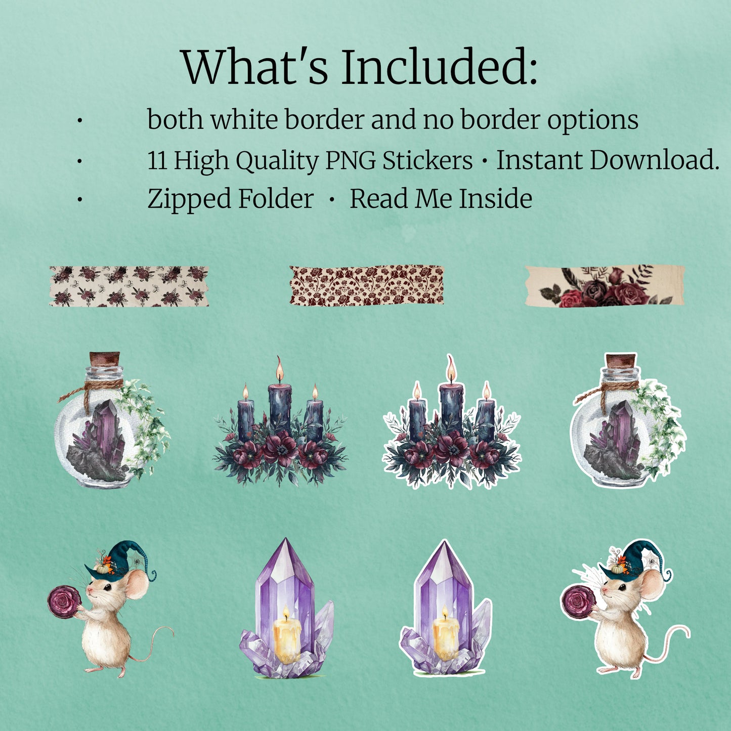 Eleven witchcore digital PNG stickers featuring potion bottles, crystals, and washii tape from Bramblenote’s Witch’s Apothecary collection