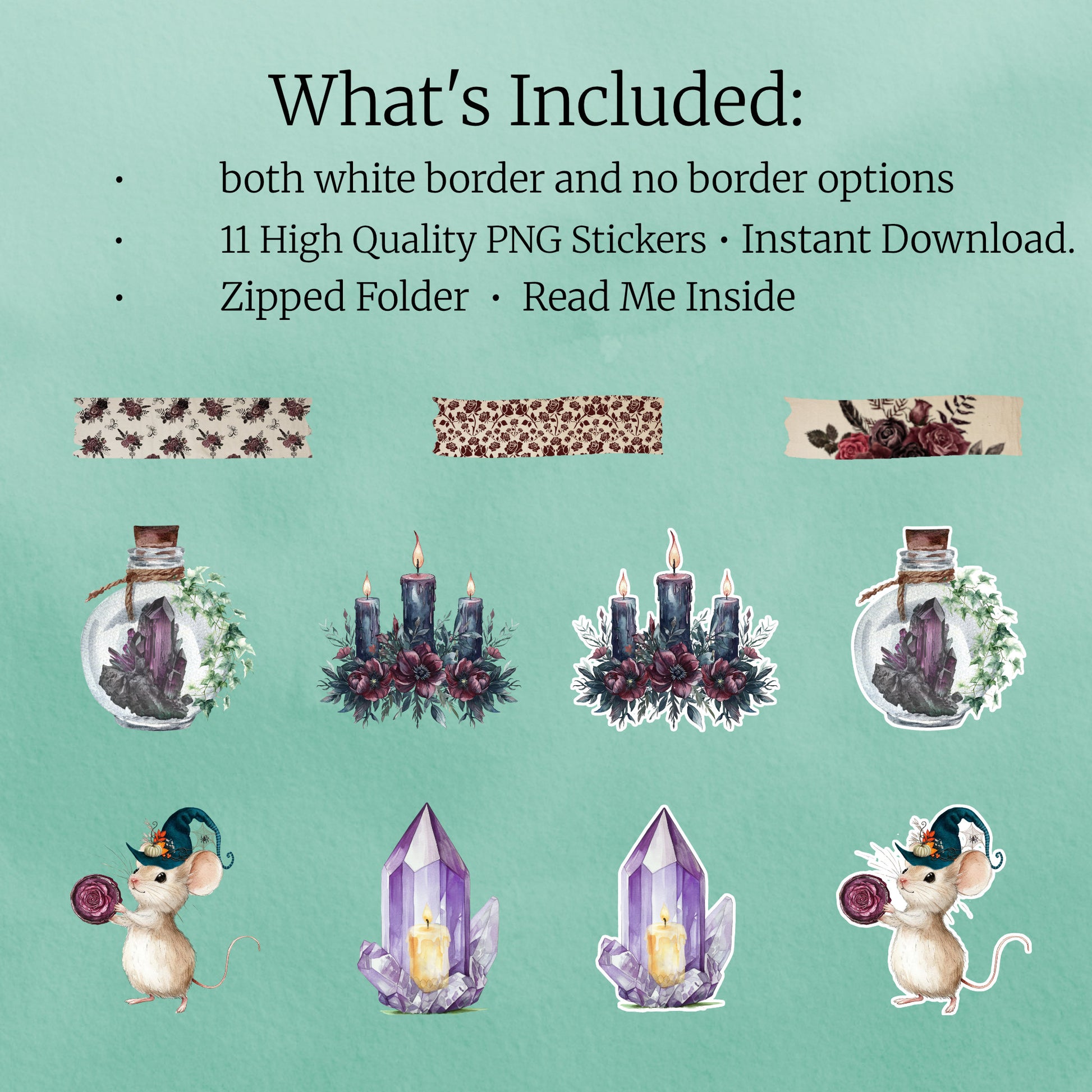 Eleven witchcore digital PNG stickers featuring potion bottles, crystals, and washii tape from Bramblenote’s Witch’s Apothecary collection