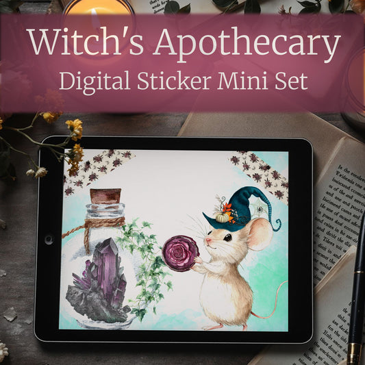 Witch’s Apothecary Mini Digital Sticker Set displayed on a tablet with a mouse holding a wax seal, a crystal spell jar and more, digital witchcore stickers for journaling