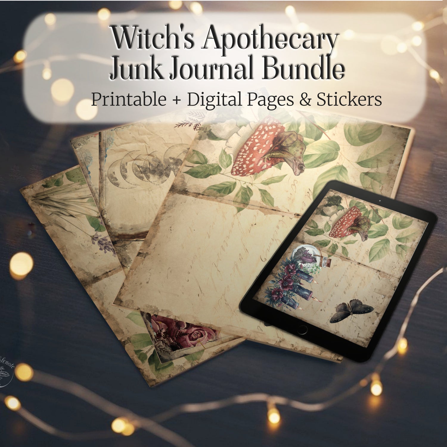 Witch's Apothecary Junk Journal Bundle with digital tablet on a dark background