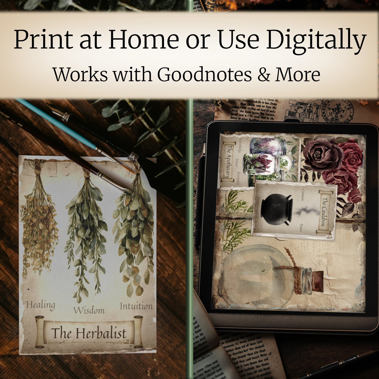 Printable PDF and digital PNG versions of tarot journal cards shown on tablet and cardstock printout