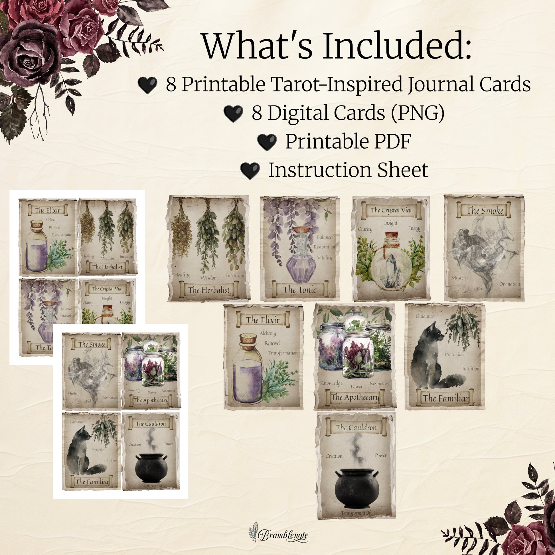 Printable Tarot-Inspired Junk Journal Cards with digital and PDF options on a beige background.