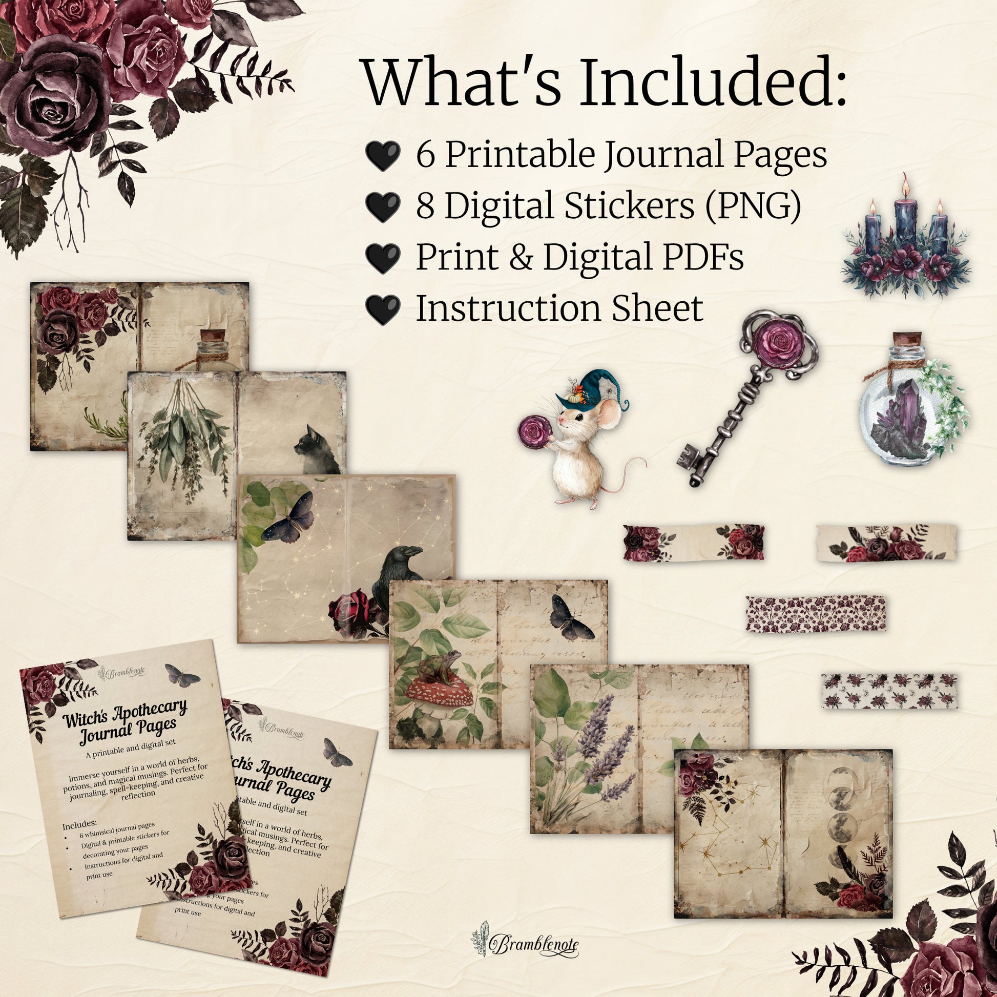 Collection of printable journal pages, digital stickers, and related items with text overlay on a light background.