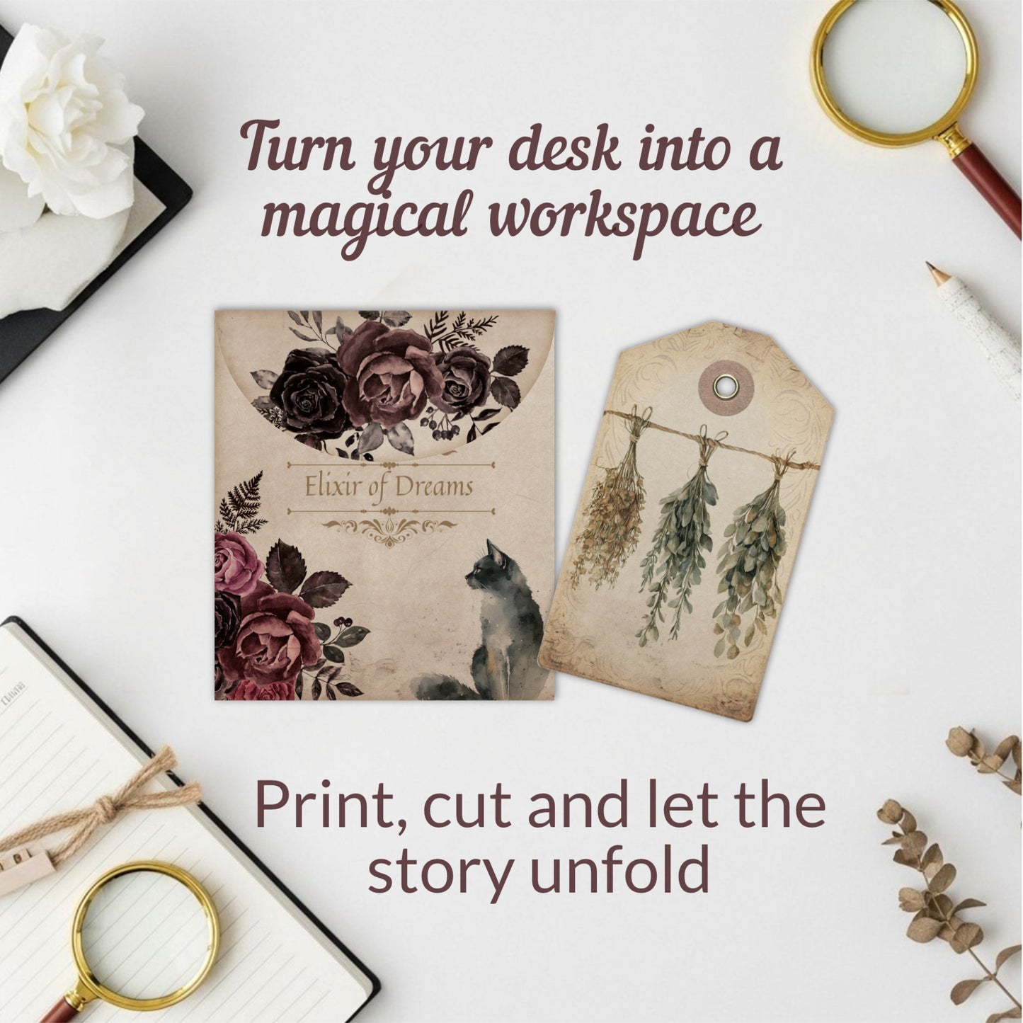 Dark academia junk journaling ephemera - tag and envelope - on white desk.