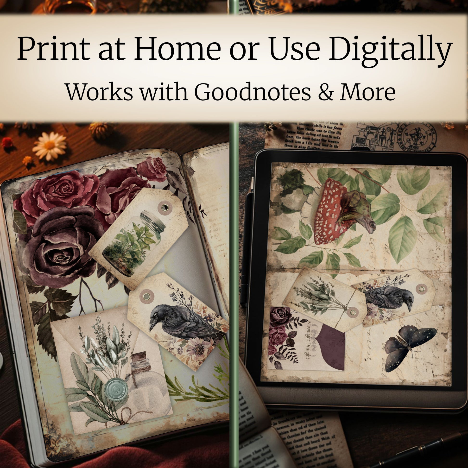Printable and digital witch apothecary tags and envelopes shown on tablet screen and printed cardstock