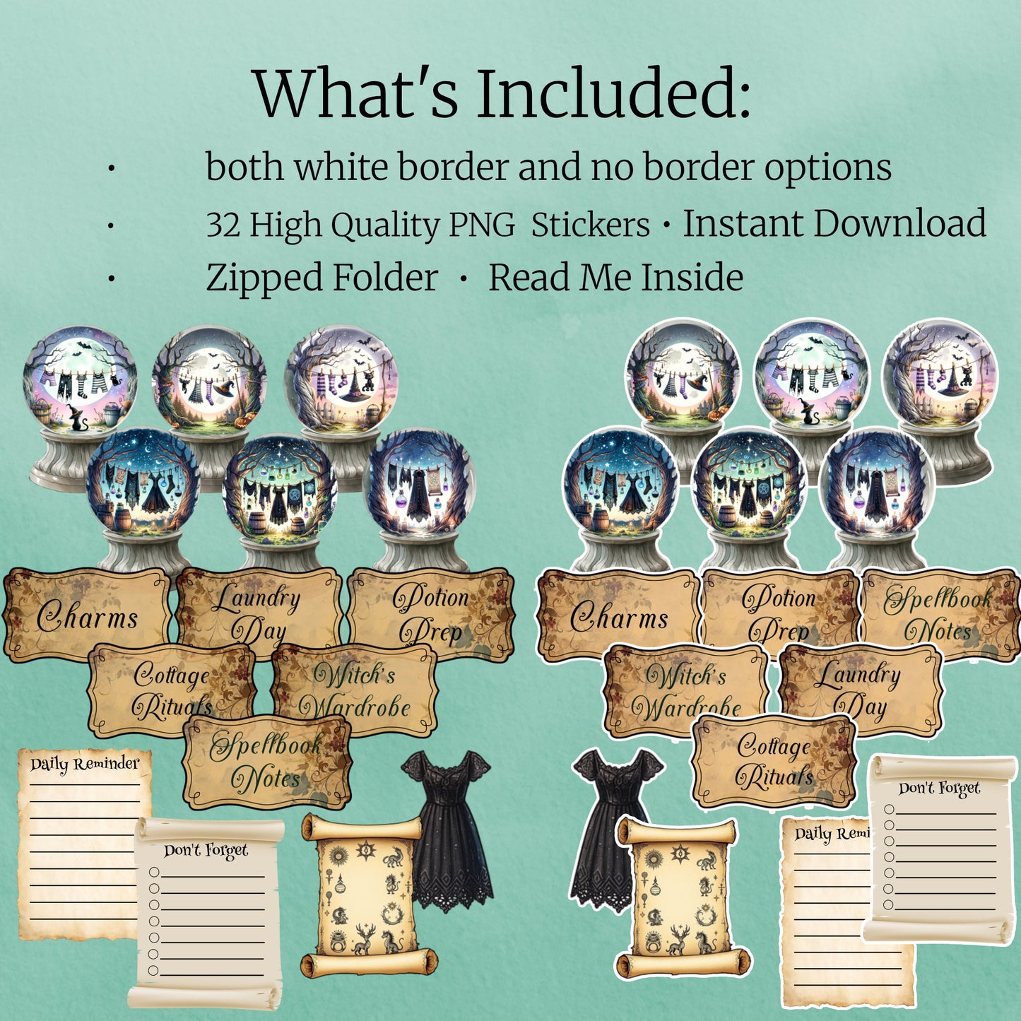 Witch Laundry Digital Sticker Set – witchcore planner stickers for GoodNotes and journaling - on a teal background
